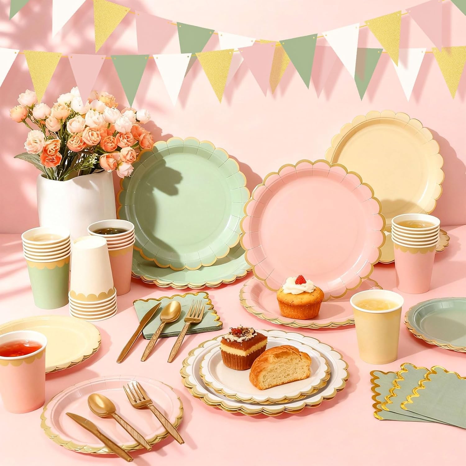 Mimorou 342 Pcs Sage Green and Pink Party Supplies Green and Pink Tableware Pa