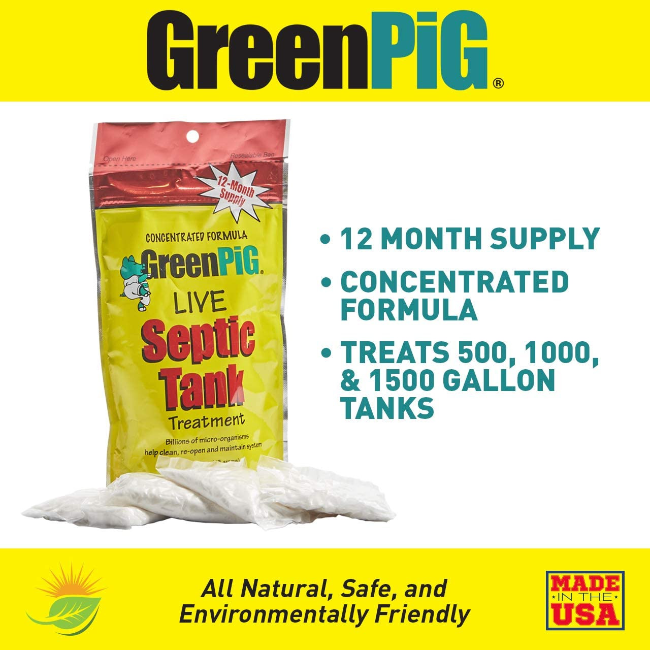 GREEN PIG Live Tank Treatment Aids of Septic Waste, 4 Packets