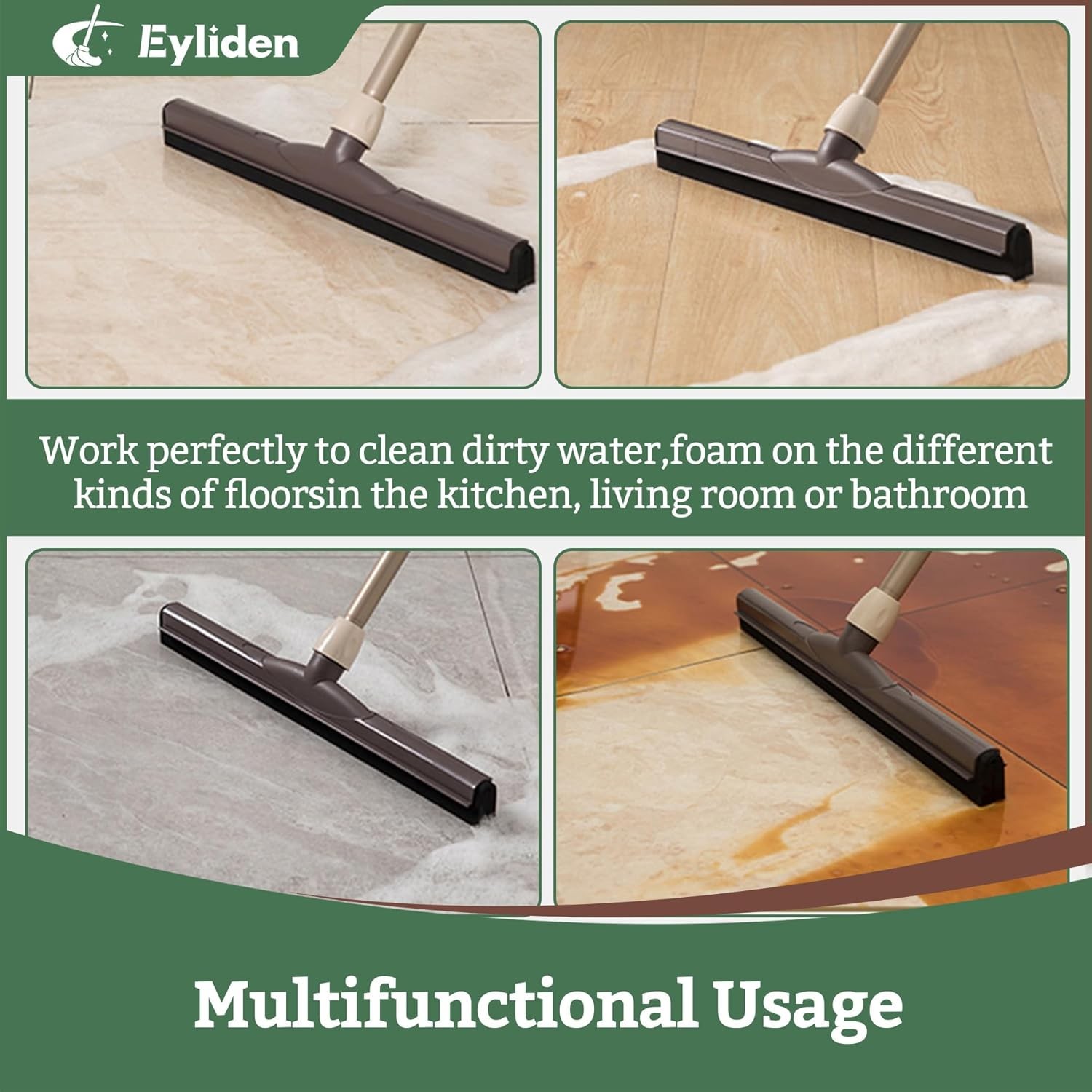 Floor Squeegee Water Removal 17″ EVA Dual-Layer Blade Dries Floors in One Pass