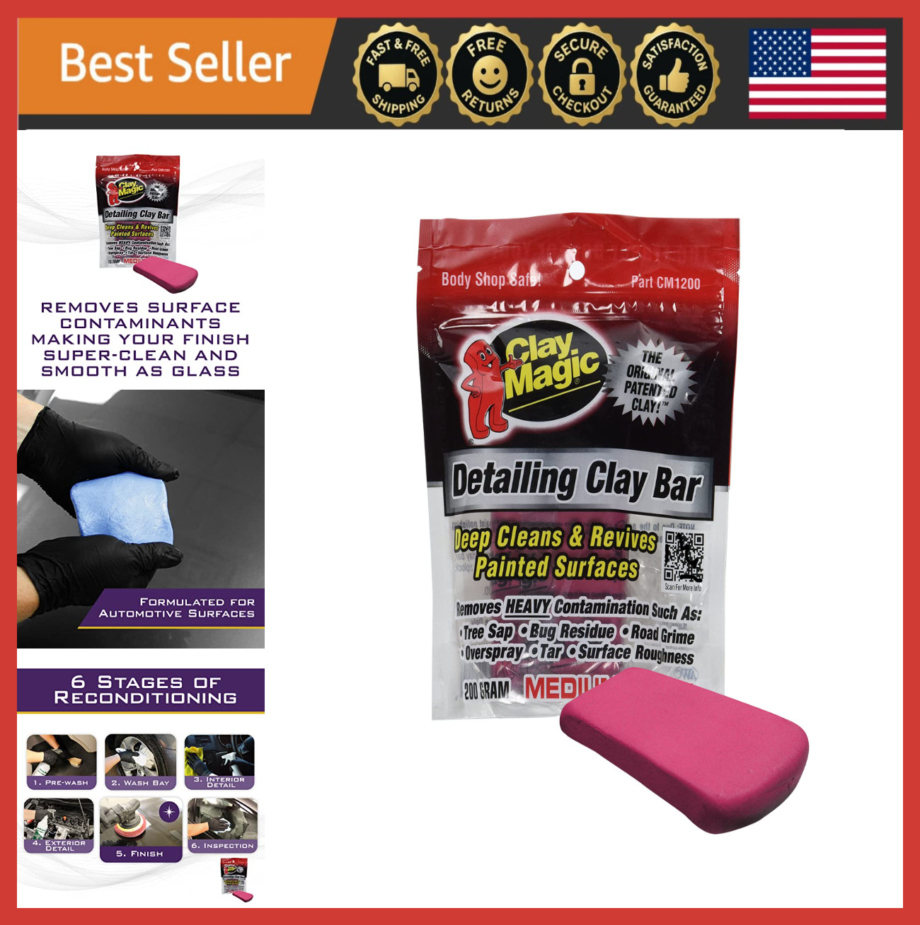 Medium Red Clay Bar 200g for Glass, Chrome, Fiberglass & More – Auto Detailing T