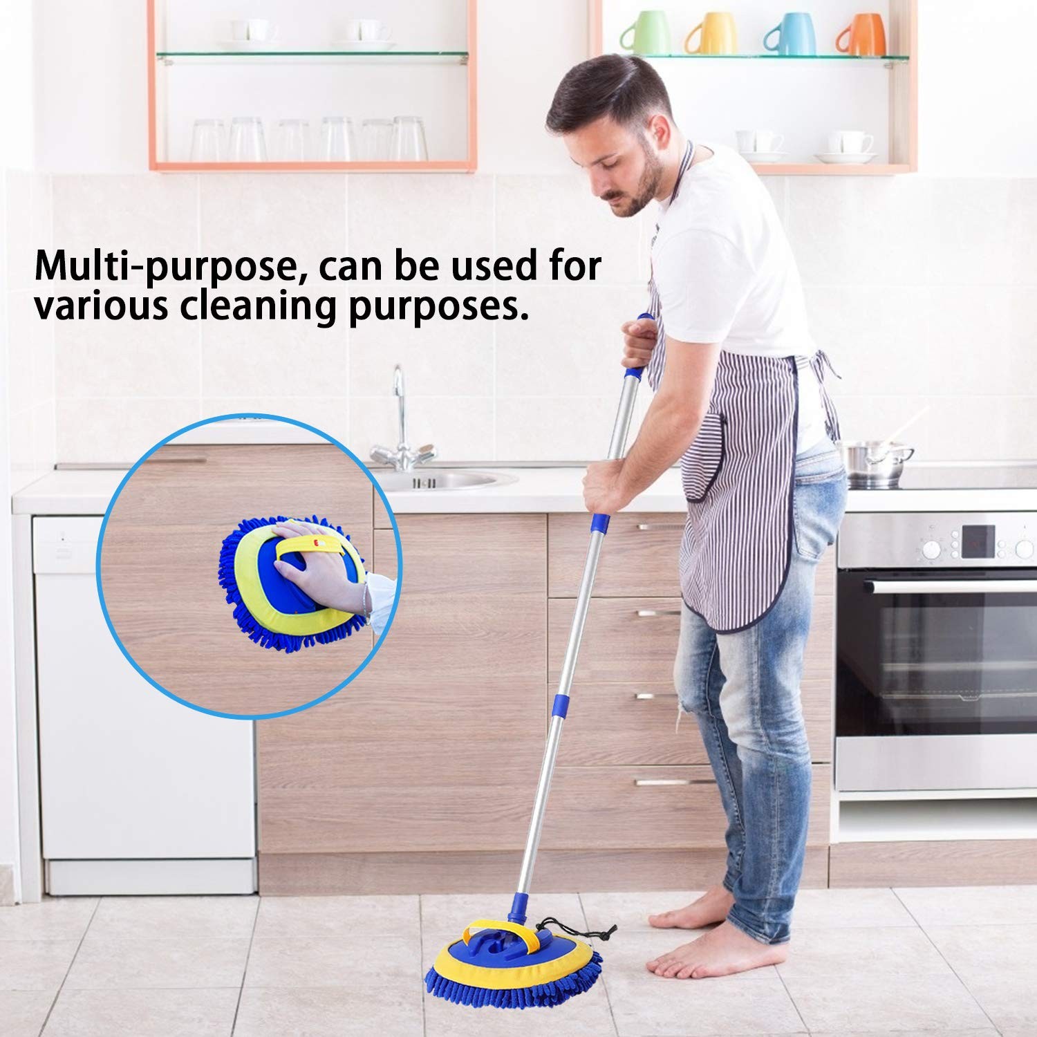 2in1 Microfiber Car Wash Mop Mitt Long Handle Kit w 2 Mop Heads Duster