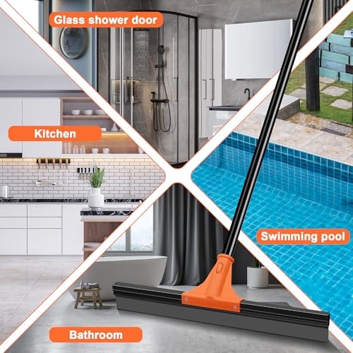 Floor Squeegee Heavy Duty with 58.3 inches Long Handle, Rubber Scraper Orange