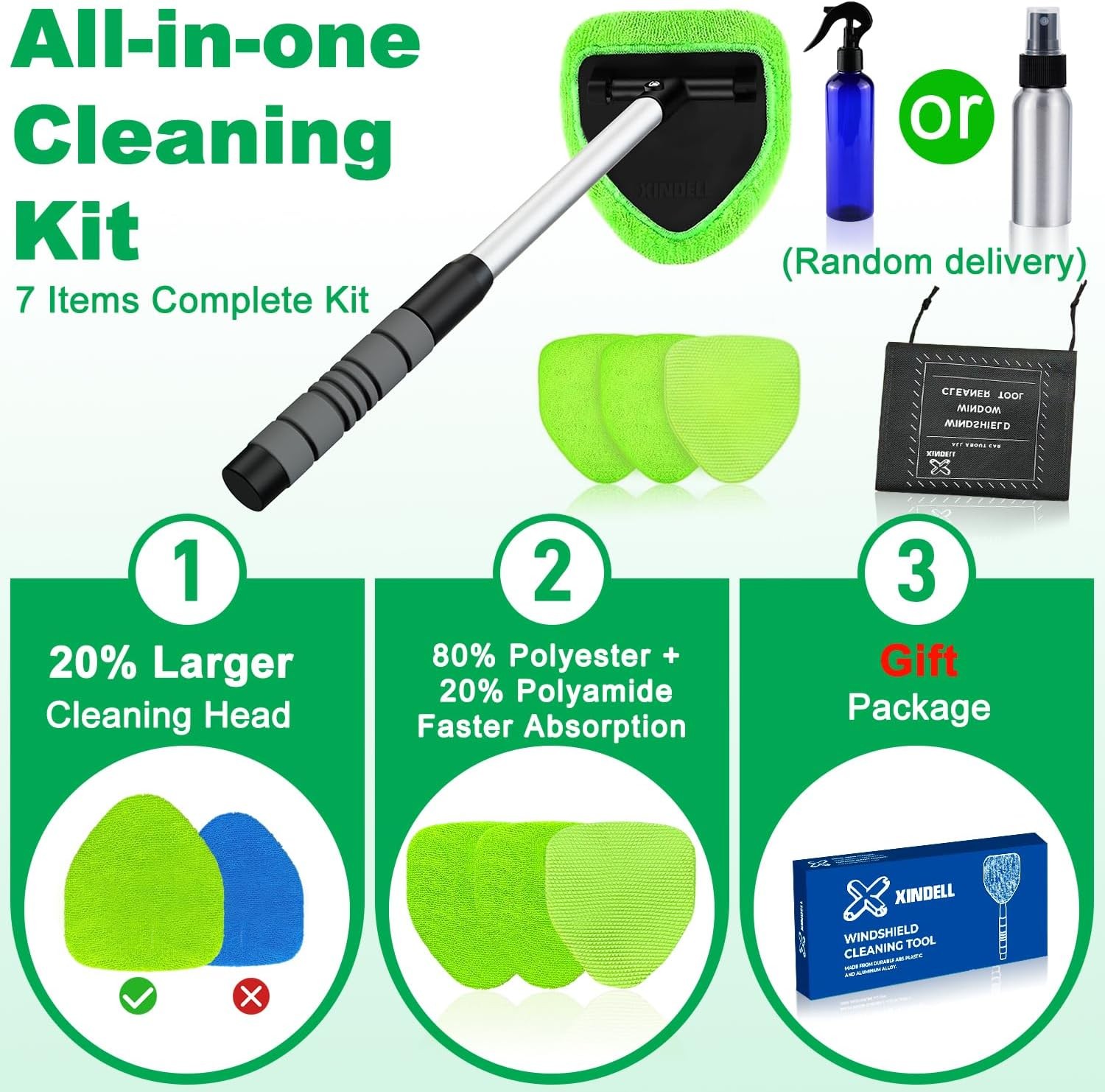 Windshield Cleaner Tool – Extendable Handle & 180° Swivel, Microfiber Pads Kit