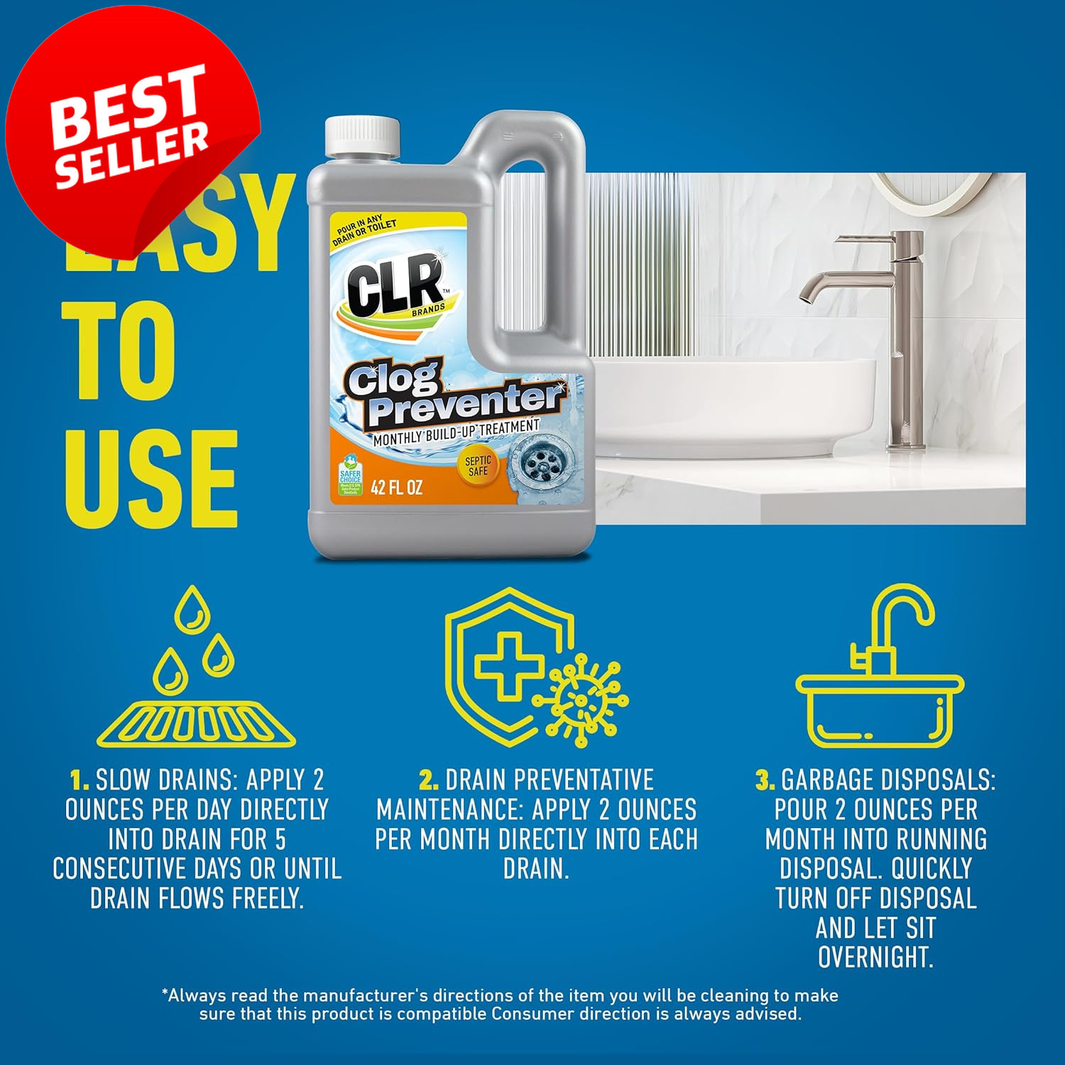 Drain Cleaner Clog Preventer 42oz Monthly Build Up Remover Septic Safe – US