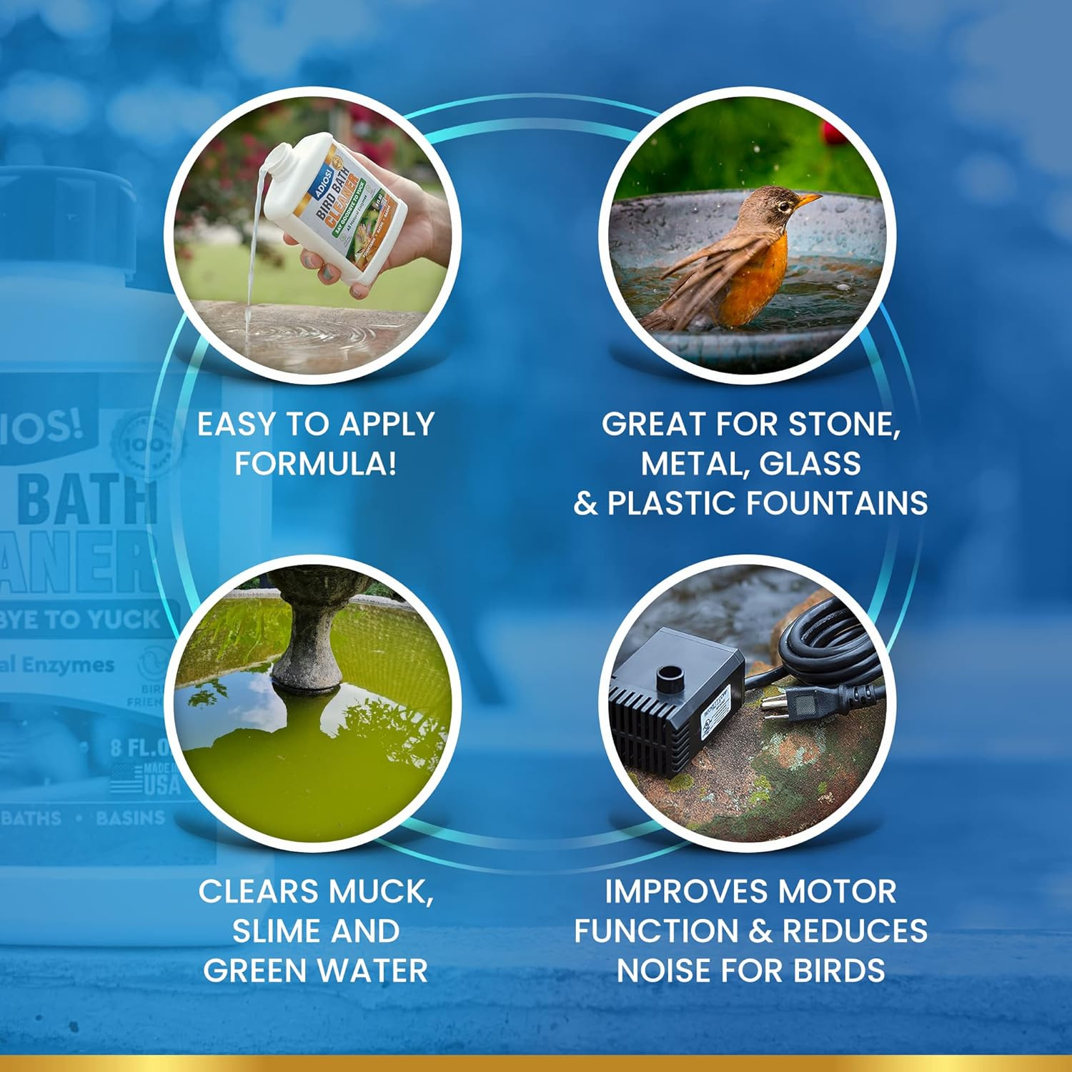 Bird Bath Cleaner for Outdoor Fountains and Bowls, Safely Cleans Metal, Glass an
