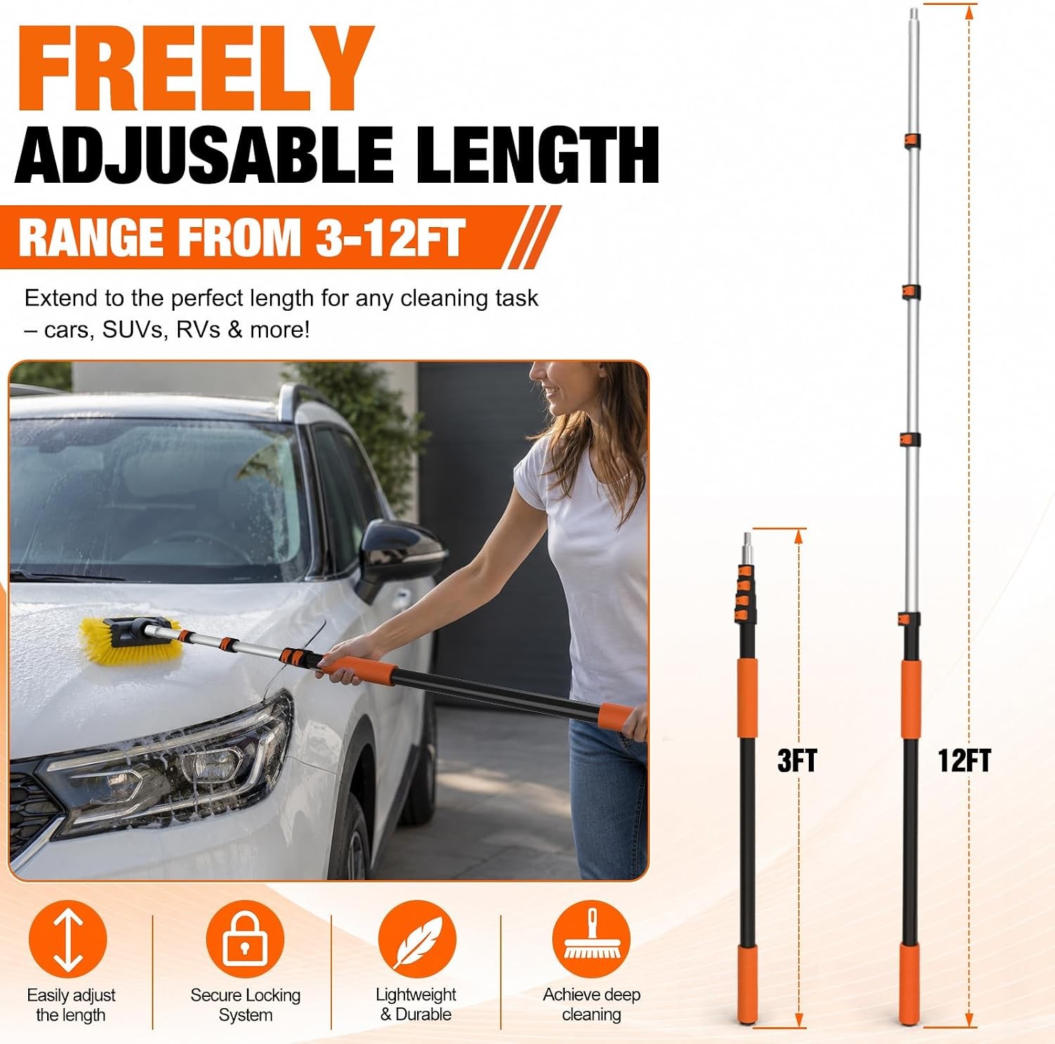 LAANPOLE 12FT Car Wash Brush with Long Handle, Car Cleaning Brush with 12 Inch