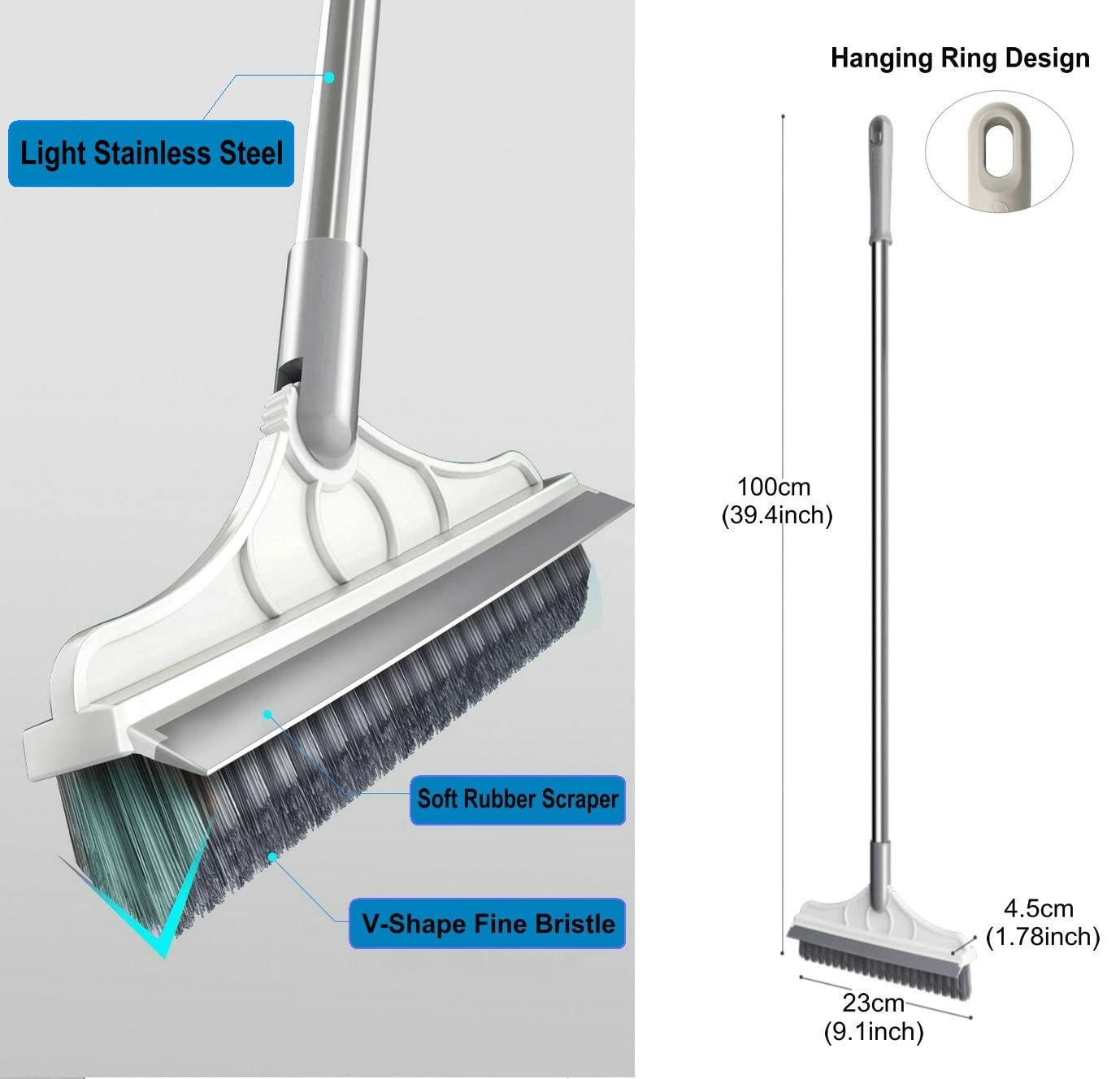9×1.78×15.7 Inch 2In1 Floor Scrub Brush VShape Stiff PVC Bristles Silver