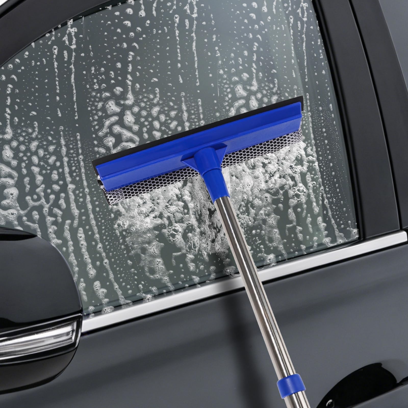 2in1 Car Windshield Cleaner with Squeegee, Sponge, and Retractable Handle