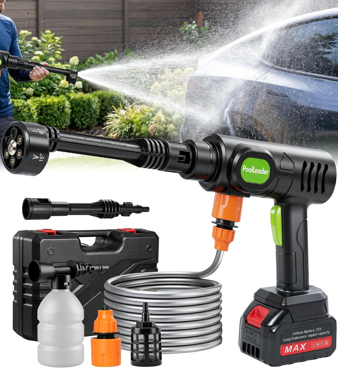 Cordless Car Washing Tool, Portable Vehicle Cleaner with 6-In-1 Nozzle & Foam Ca