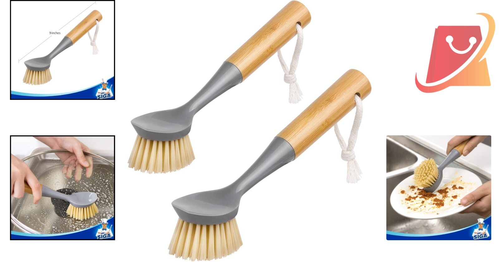 Dish Brush Bamboo Handle Pack of 2 Built-in Scraper Kitchen Sink Cleaning