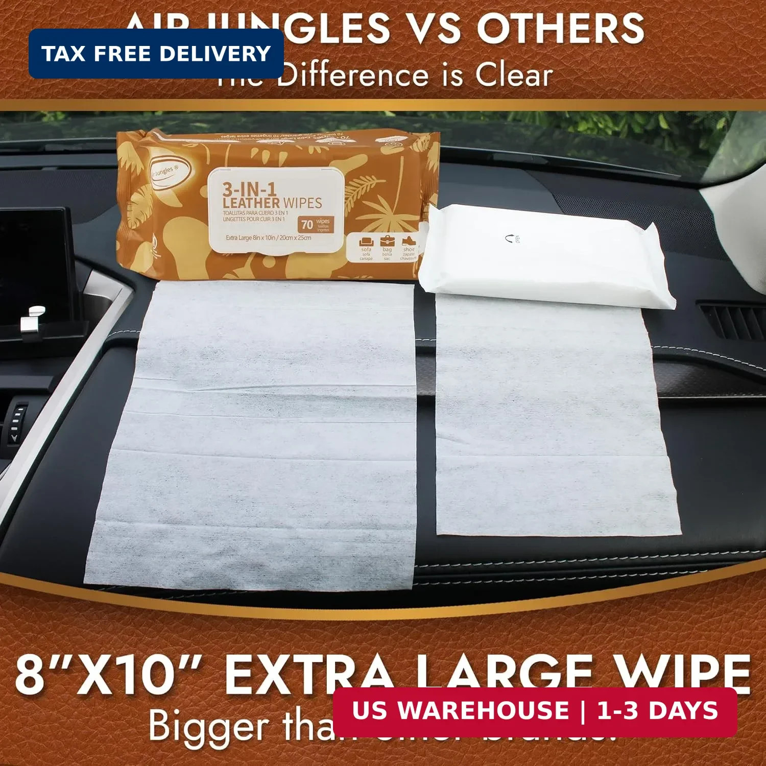 Air Jungles 3in1 Leather Cleaner Wipes 70 Count, Extra Large 8″ x 10″ Size, Clea