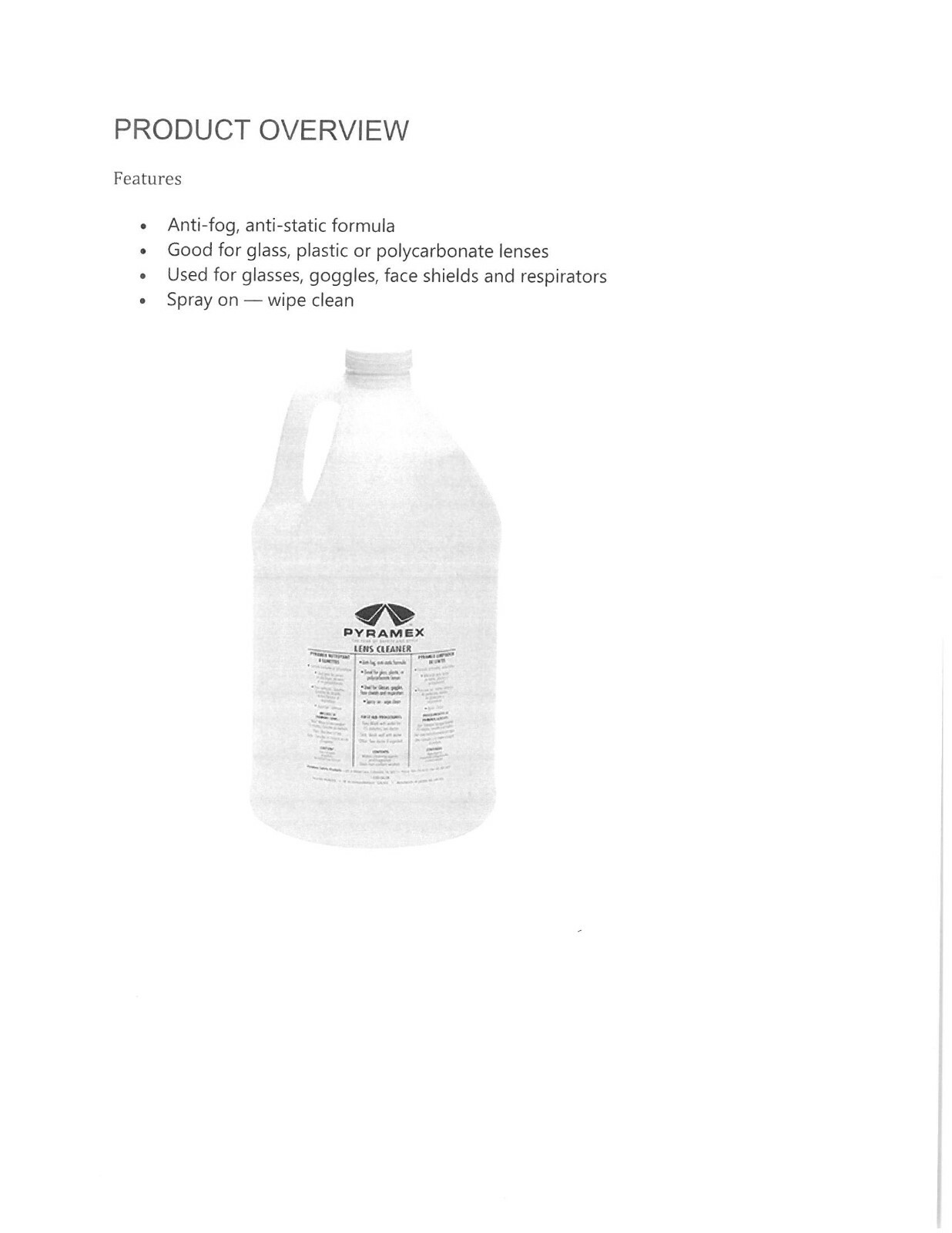 Lens Cleaner Pyramex GalSol, Plastic 1-Gal Bottles sell as 1 Lot (2 each)