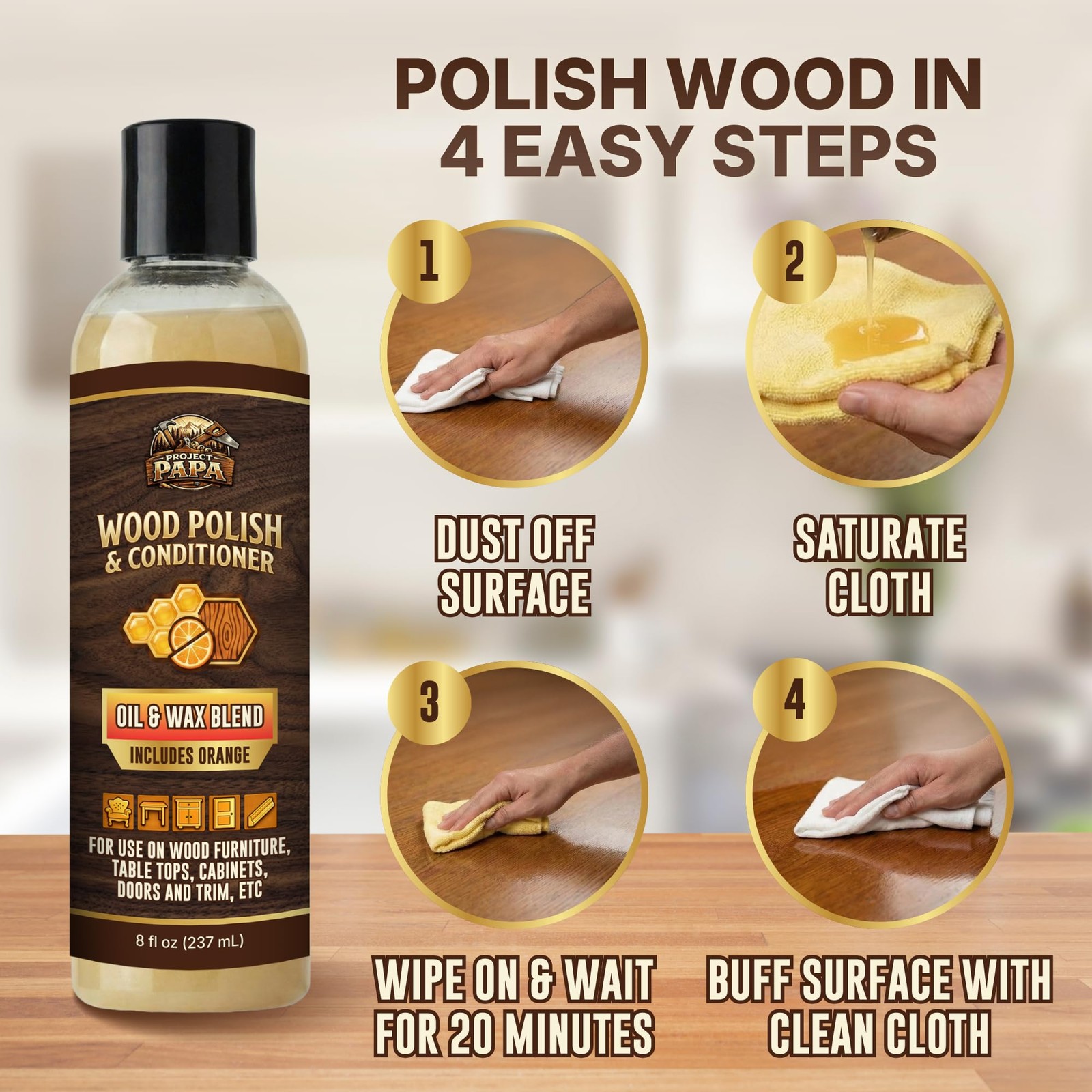Natural Wood Polish & Conditioner with Orange Oil – Beeswax Furniture Polish …