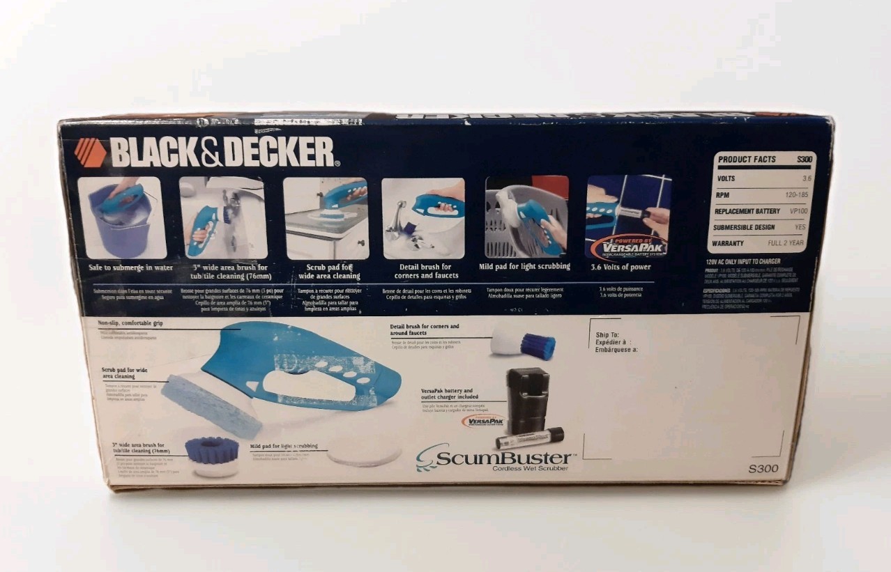 VTG. Black & Decker ScumBuster Cordless Wet Scrubber w/4 Accesories & 4 Pads New