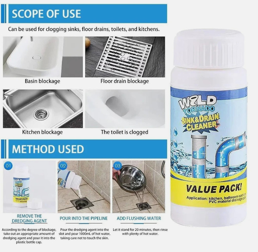 3x Fast Drain RemoverHot Sink Pipe Dredge Bomb Toilet- Quick Foaming Cleaner