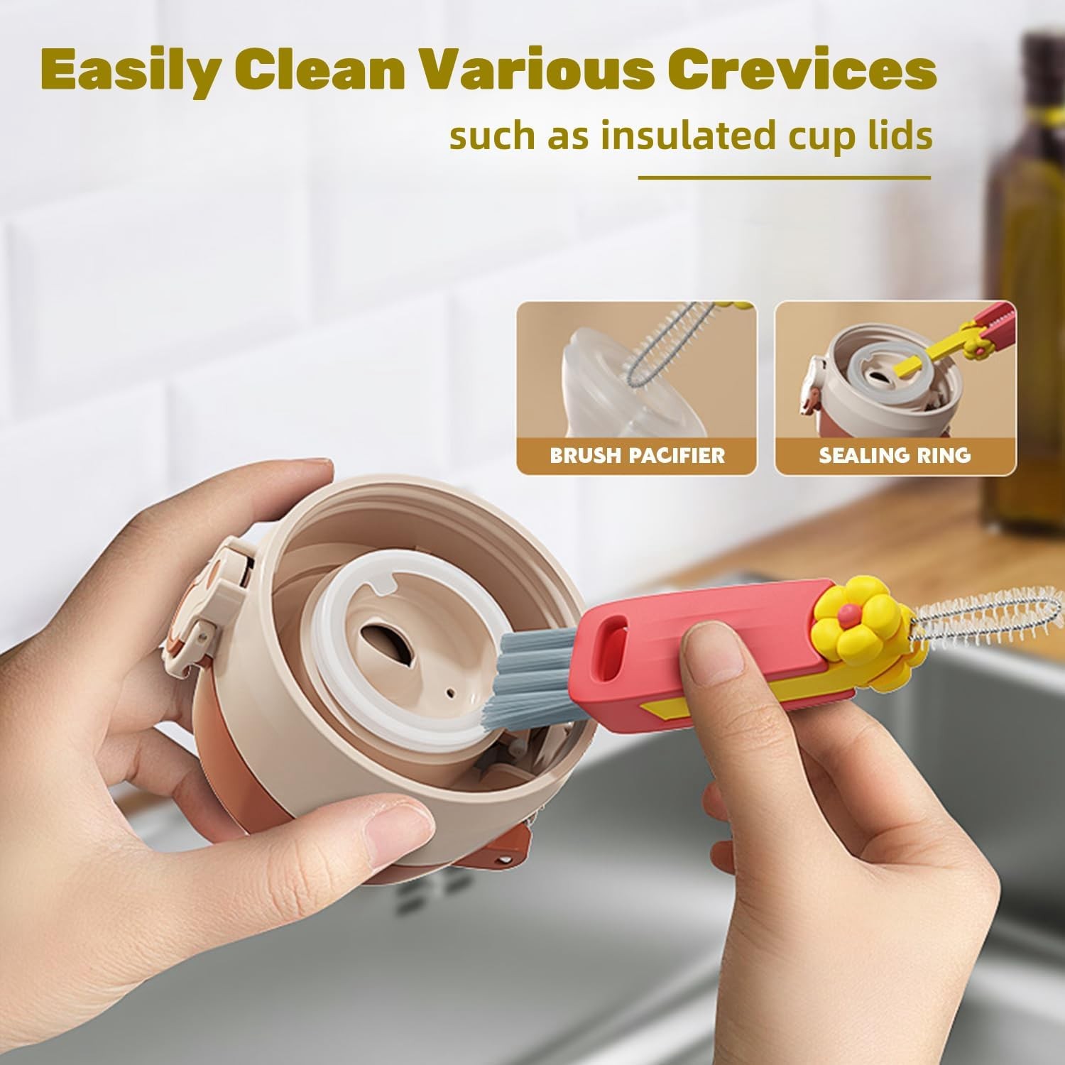 3 in 1 Cup Lid Cleaning Brush 3 in 1 Multifunctional Cleaning Brush Portable Cup