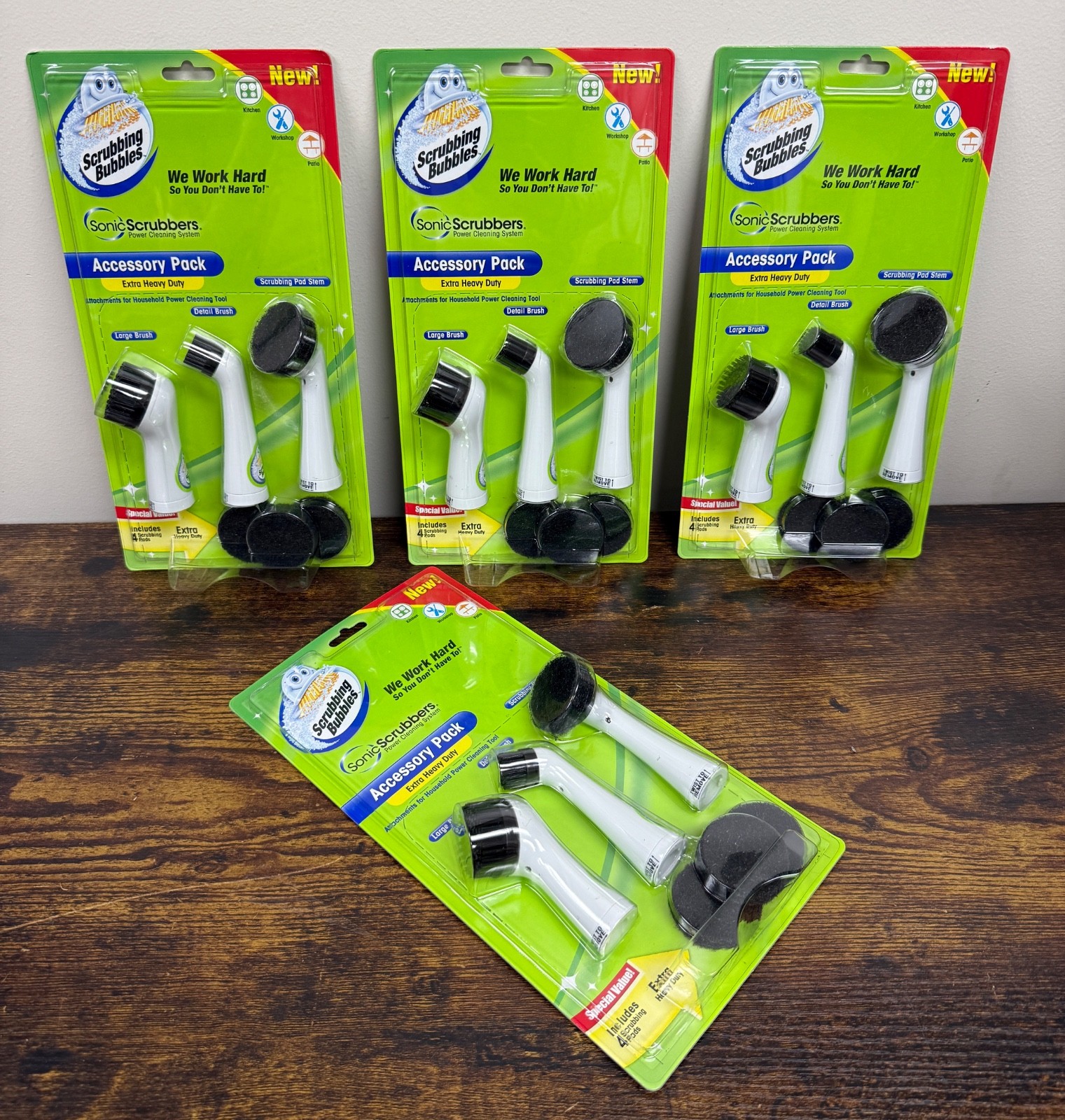 Lot of 4 Sonic Scrubber Scrubbing Bubbles Accessory Pack Extra Heavy Duty Kit