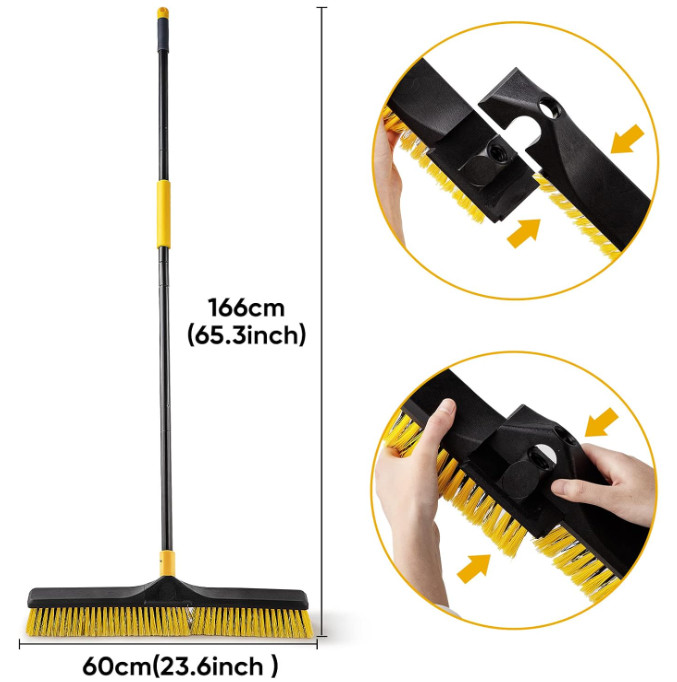 Escoba barredora 24″ con mango largo y cerdas duras para limpieza exterior, terr