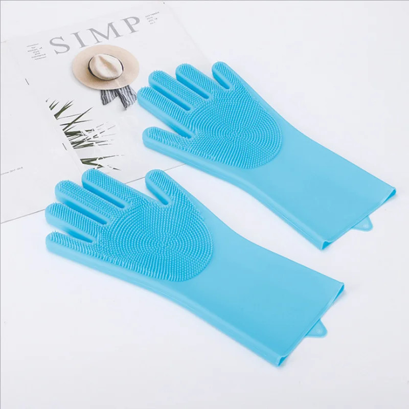 Multi-Surface Blue Silicone Cleaning Gloves (31×16Cm) – Scrubber Bristles for Ki
