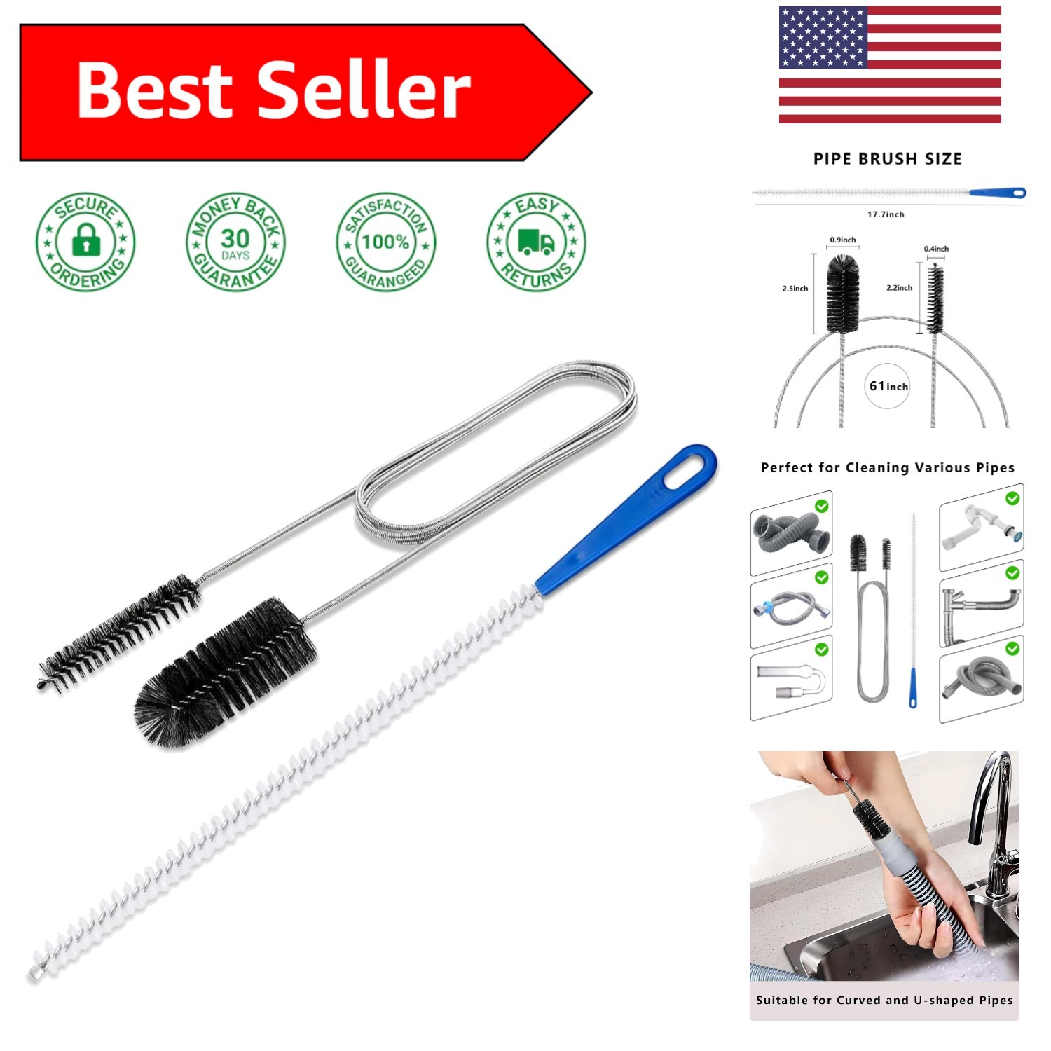 High-Quality 61” Flexible Drain Brush & 17.7” Sink Unblocker – Easy Cleaning