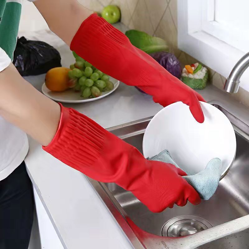 Household Kitchen Dishwashing Extended Rubber Red Waterproof Heavy Duty Gloves