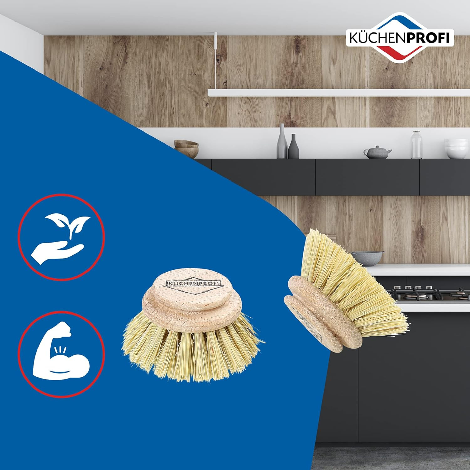 Kuchenprofi 2 Pack Replacement Dish Brush Refill Natural Bristle Beech Wood Head
