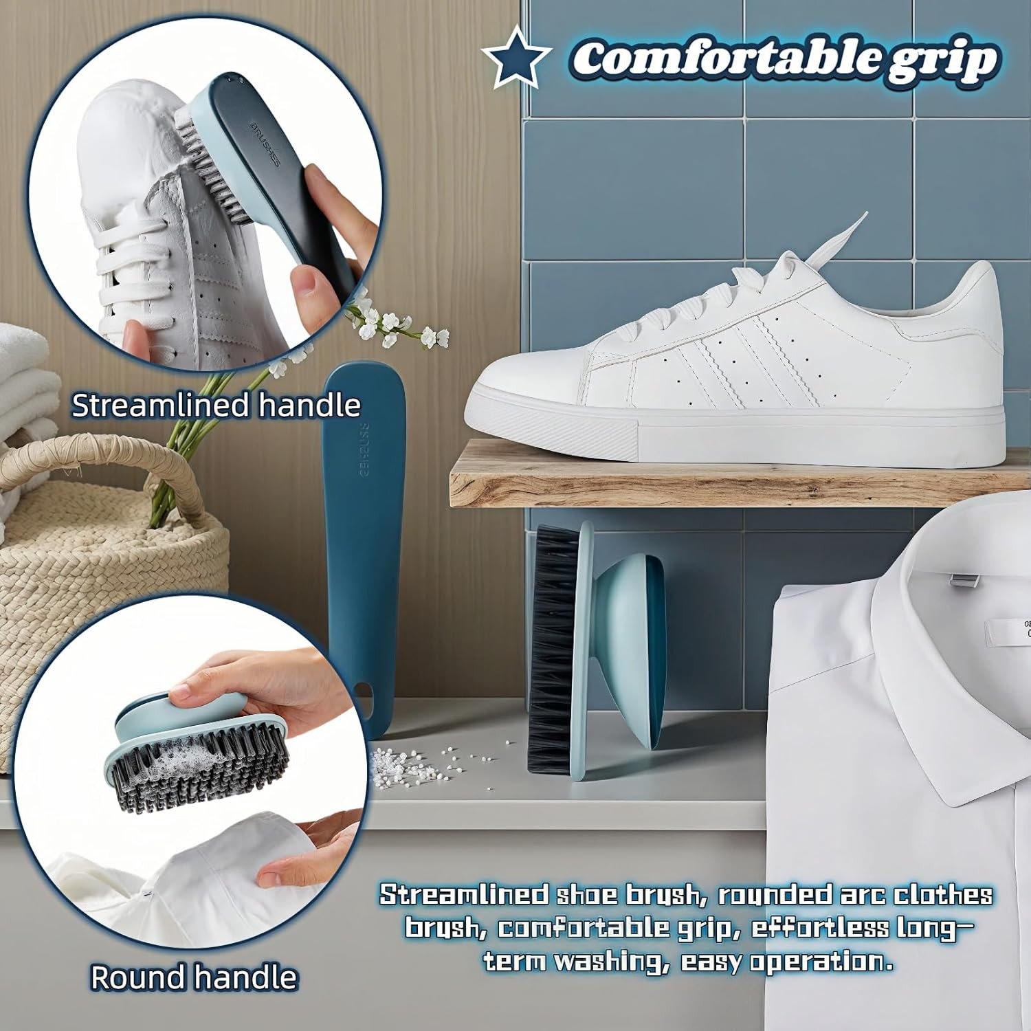 Ergonomic Shoe Clothing Brush Set 2 Piece Heavy Duty Stain Remover Non Slip Grip