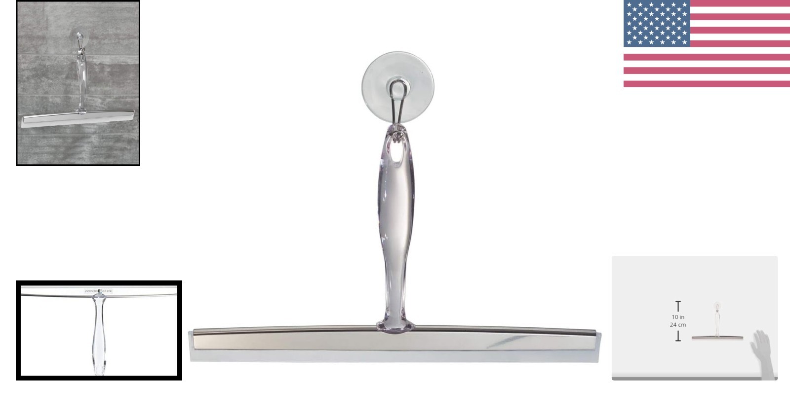 Clear Bathroom Squeegee with Stainless Steel Accents and Suction Holder – 12 In.
