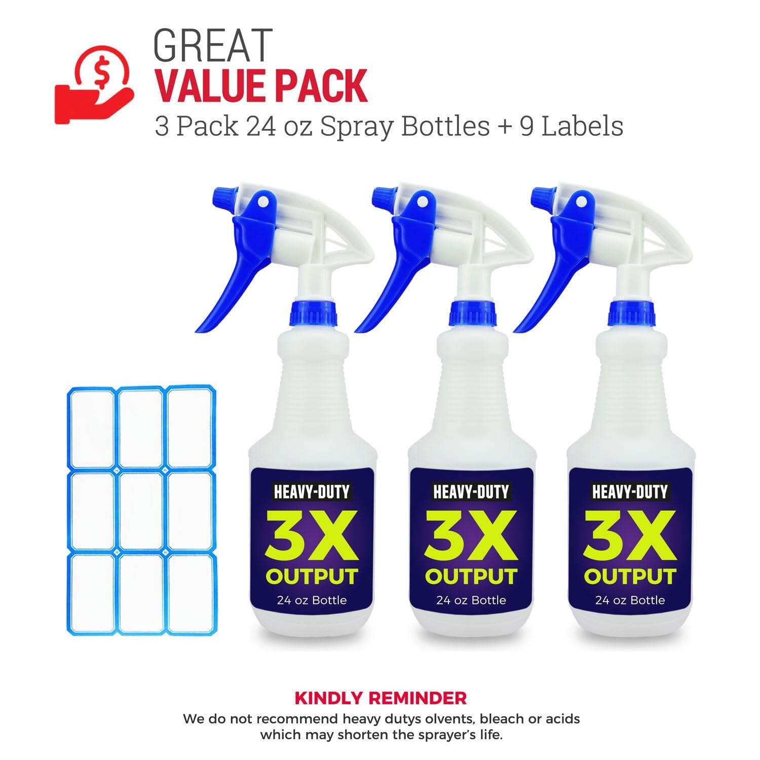 3 Pack Heavy Duty Spray Bottles 24 oz – High Output for Cleaning & Detailing