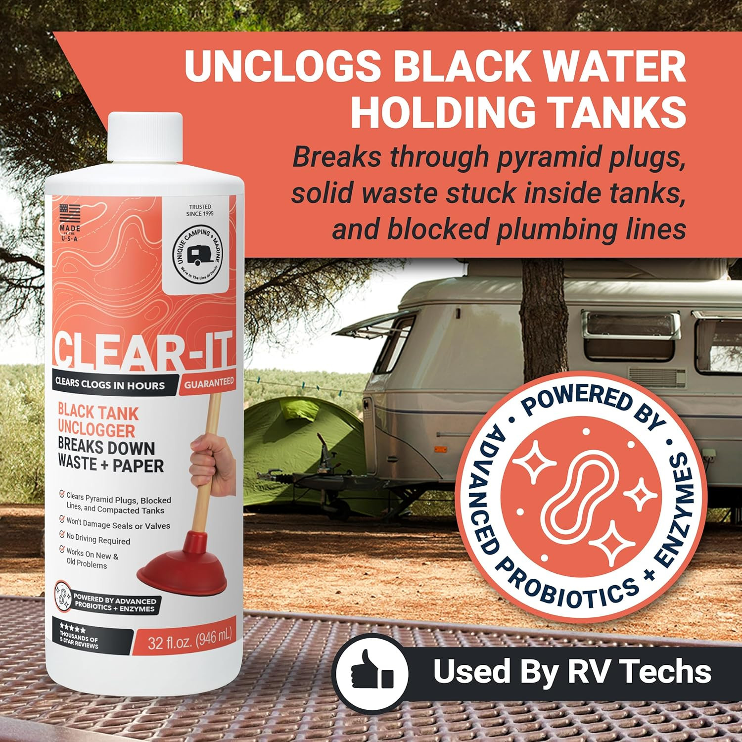 Clear-It RV Black Tank Unclogger Liquid – Breaks through Pyramid Plugs, Compacte
