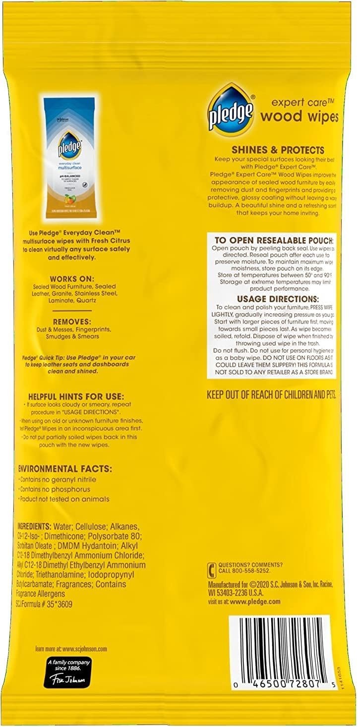 2 PACK Pledge Expert Care Enhancing Wood Wipes, Lemon Scent, 24 Count