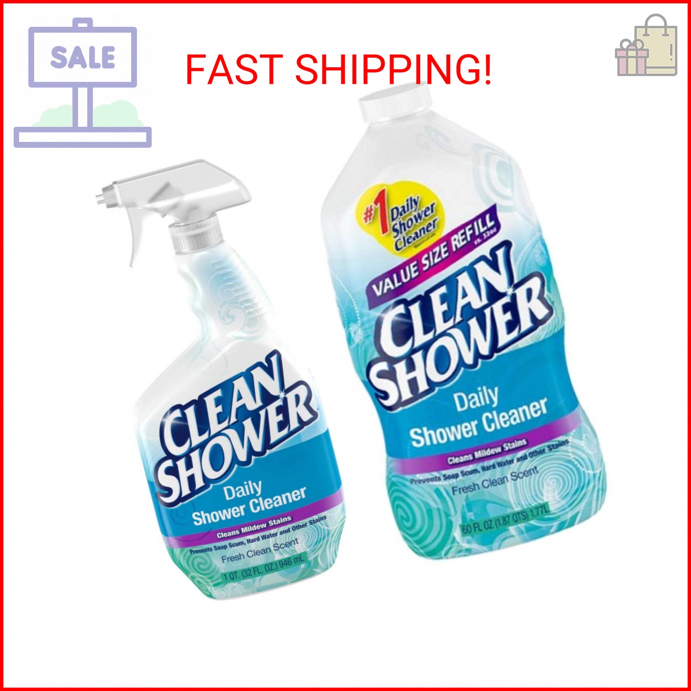 Clean Shower, Daily Shower Cleaner – No Scrub Bundle Pack [32oz. Spray Bottle &