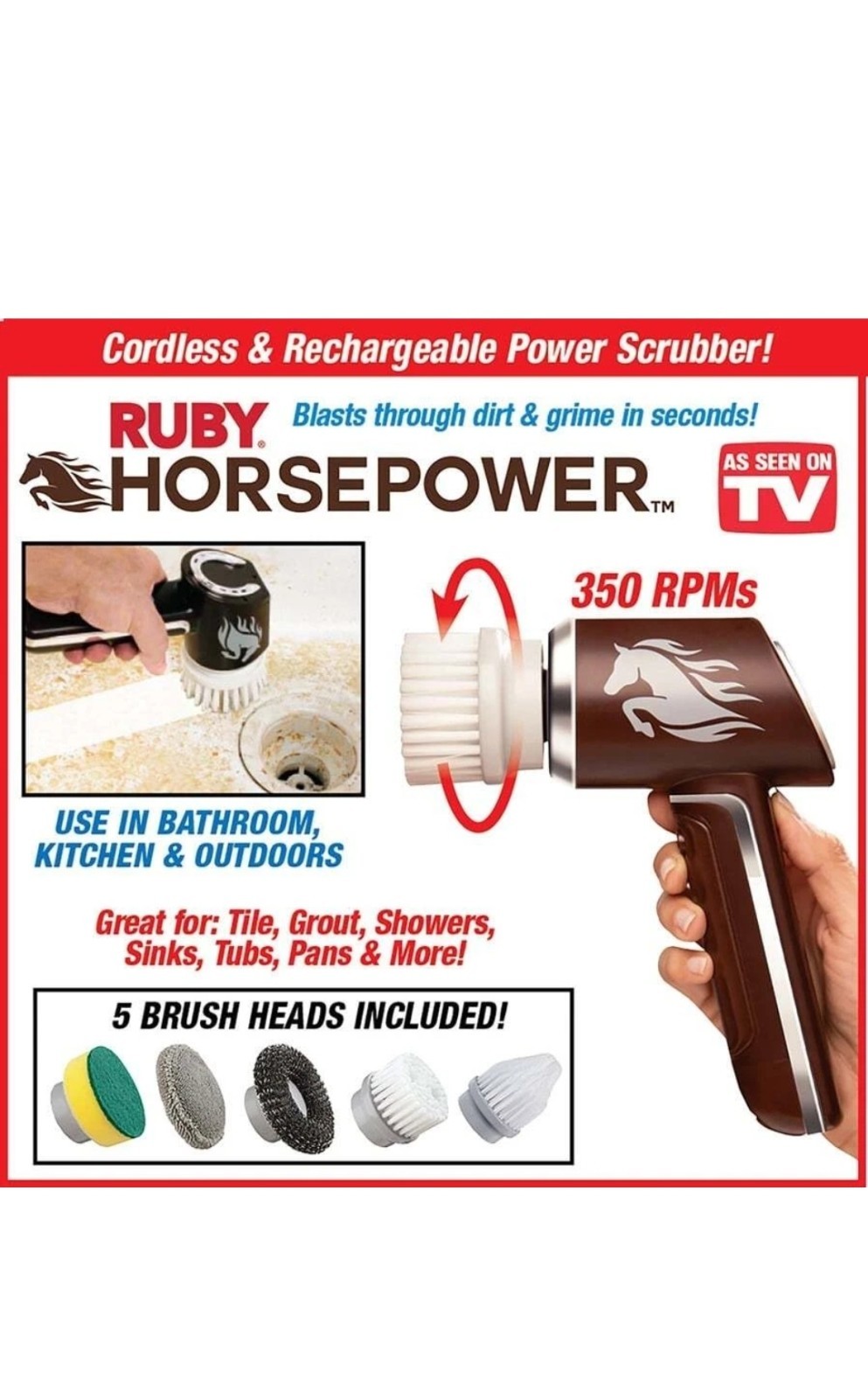 Ruby Horsepower Rechargeable Rotating Scrubber Waterproof Power Scrubber, Spins