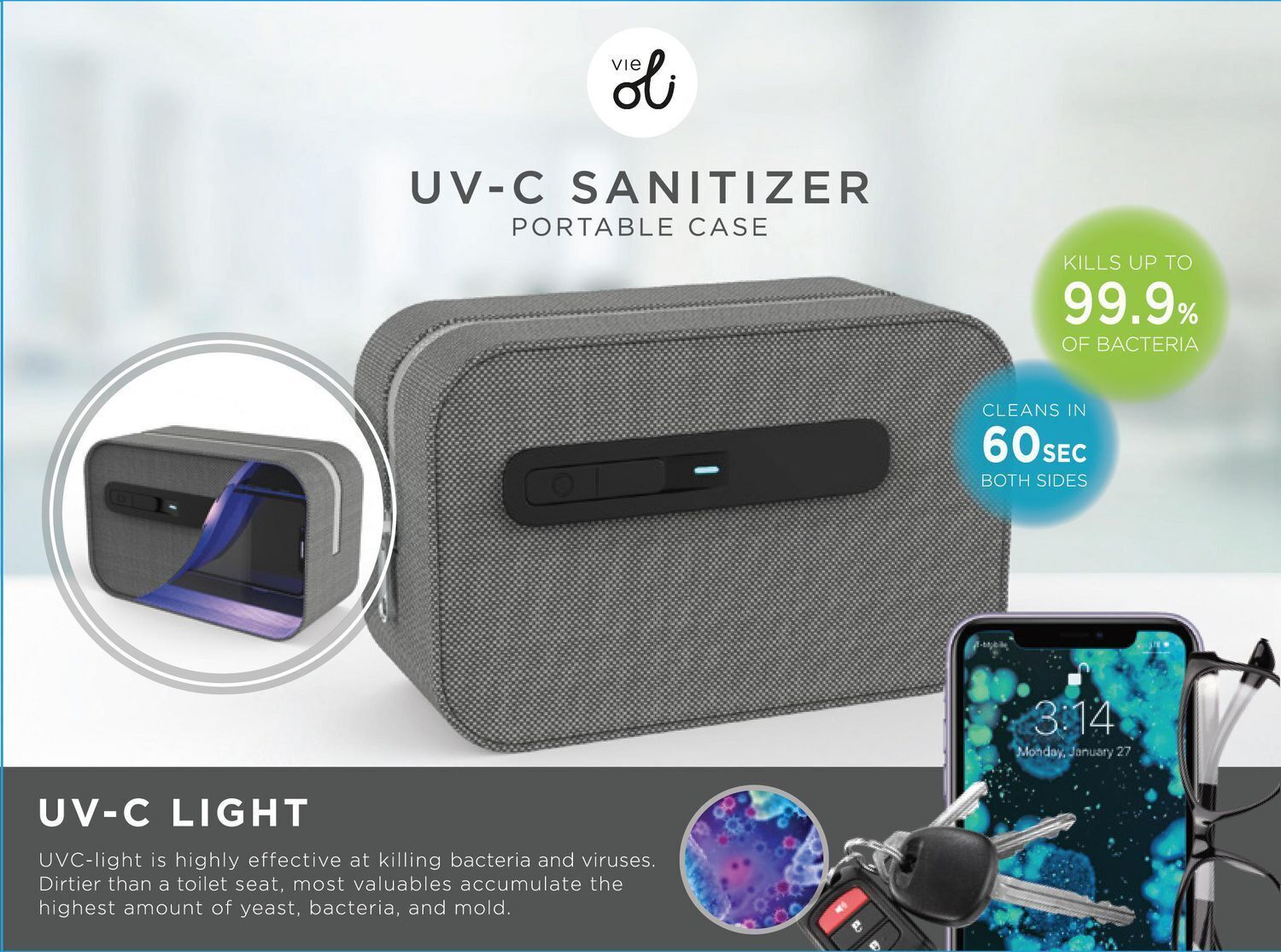 Vie Oli UV-C Portable Sanitizer Collapsible Travel Bag Mo OLID1091GY New