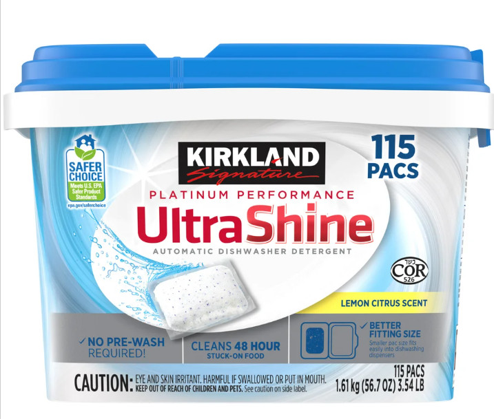 Kirkland Signature UltraShine Cleaning Dishwasher Detergent Pacs Soap, 115-count