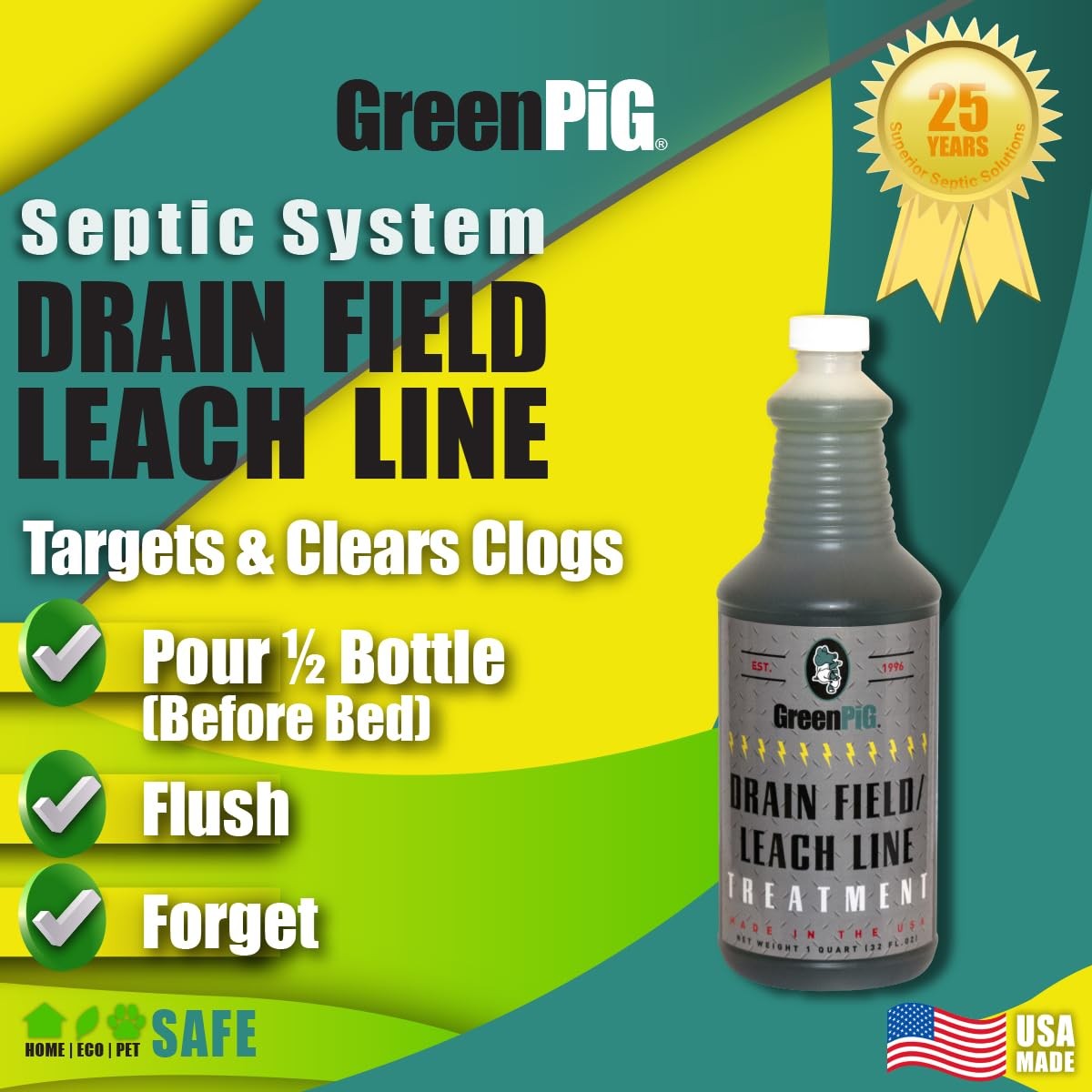 Green Pig Drain Field Cleaner, Septic Safe Drain Clog Remover, Treatment for Qui