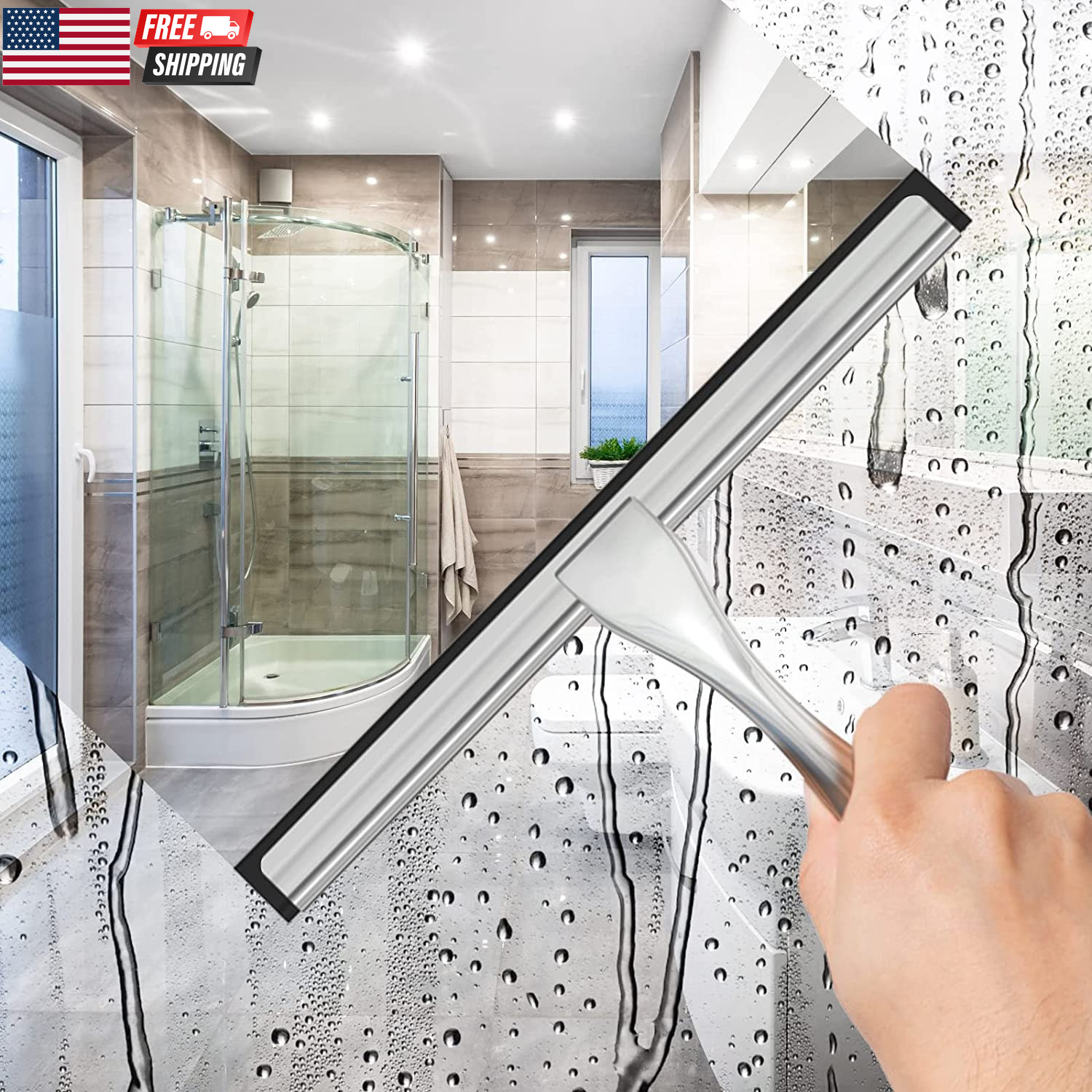 All-Purpose Stainless Steel Shower Squeegee for Shower Glass Door with 2 Adhesiv