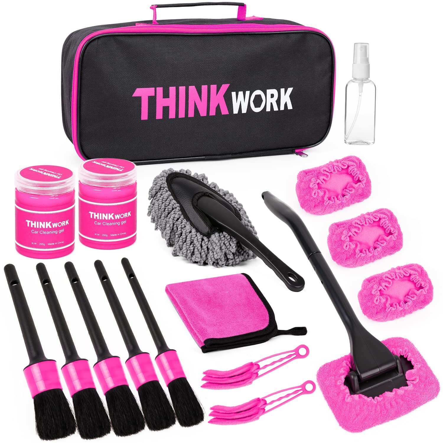 THINKWORK Pink Car Duster Interior Kit Perfect Car Detailing Brush Kit for