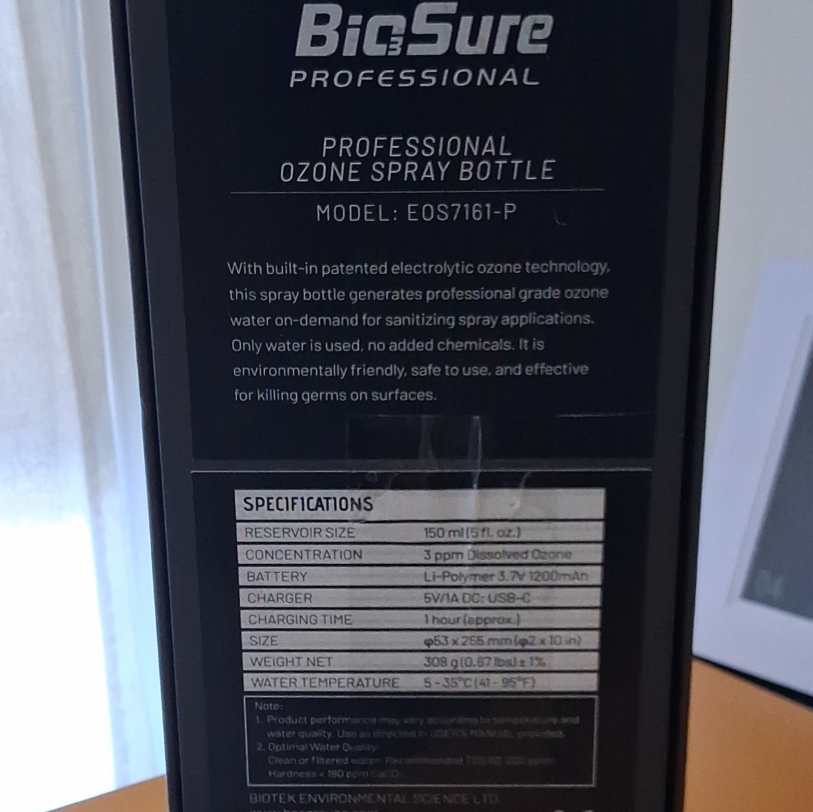 BioSure Professional Ozone Spray Bottle Rechargeable 150 ml Surface EOS7161-P