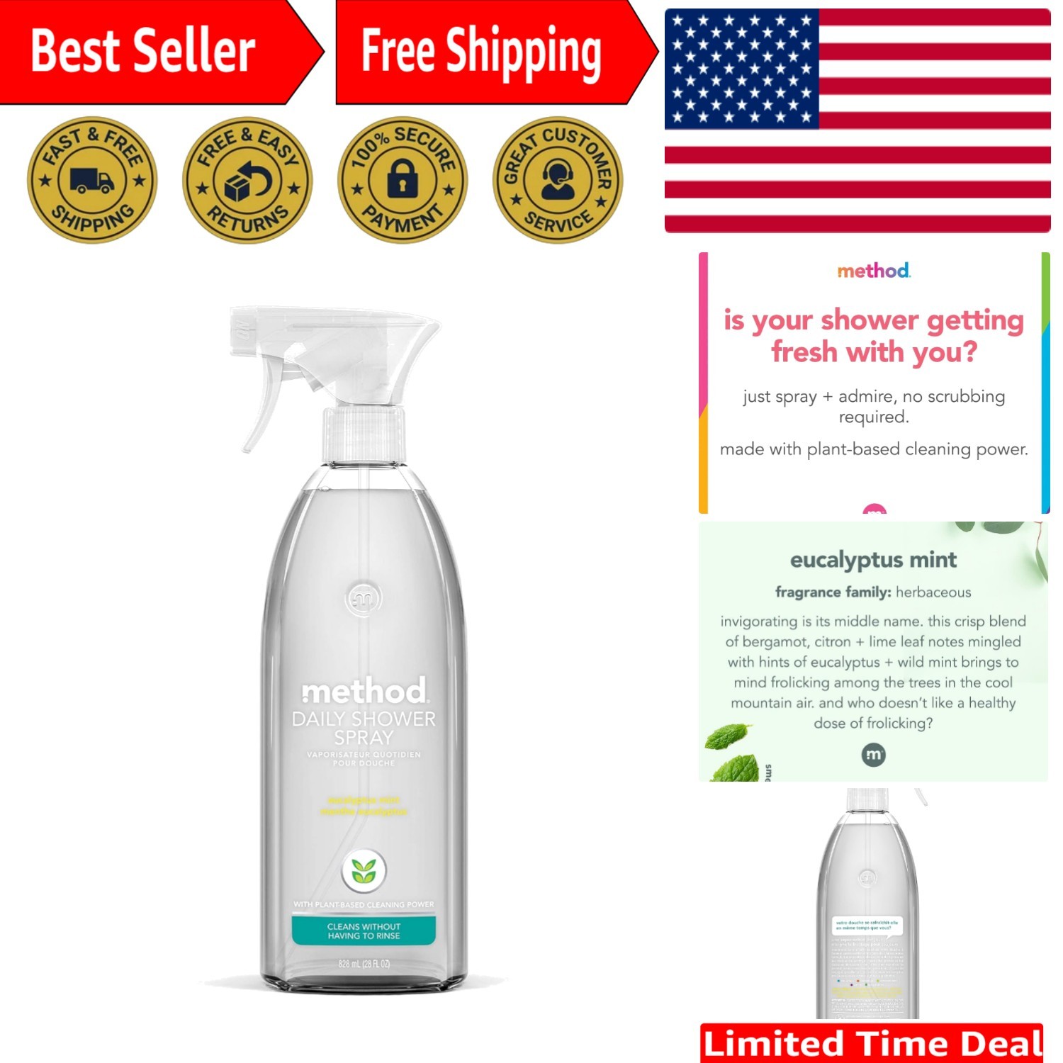 Eco-Friendly Method Shower Cleaner with Eucalyptus Mint – 28oz Non-Toxic Spray