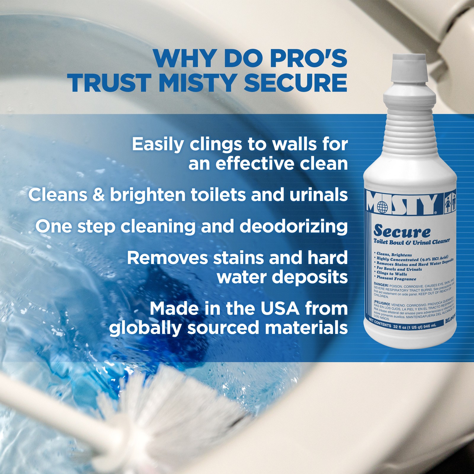 Misty Secure Toilet Bowl and Urinal Cleaner – 32 Ounce (Case of 12) – 1038801 –