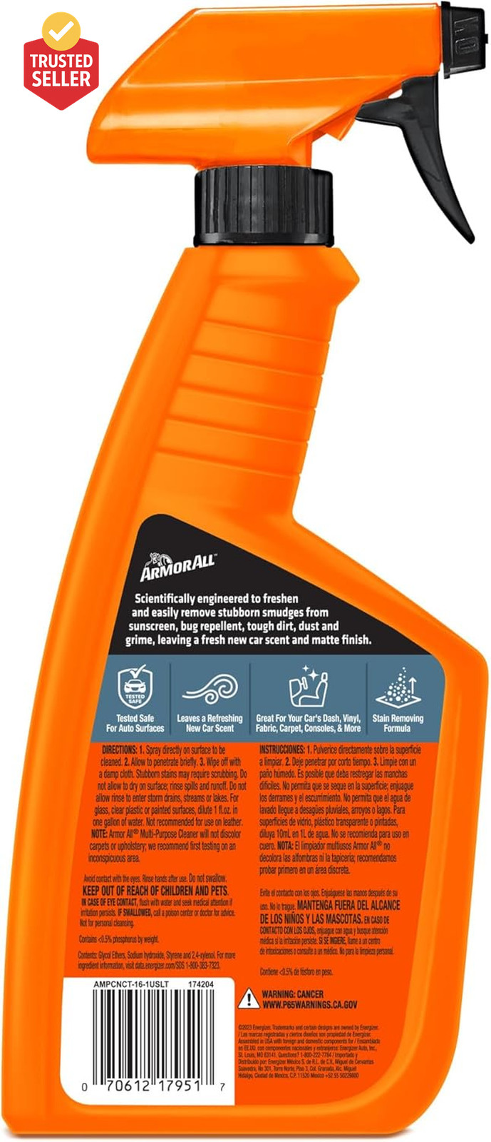 Multi-Purpose Car Cleaner Spray with Odor Elimination Technology, 16 Fl Oz Spray