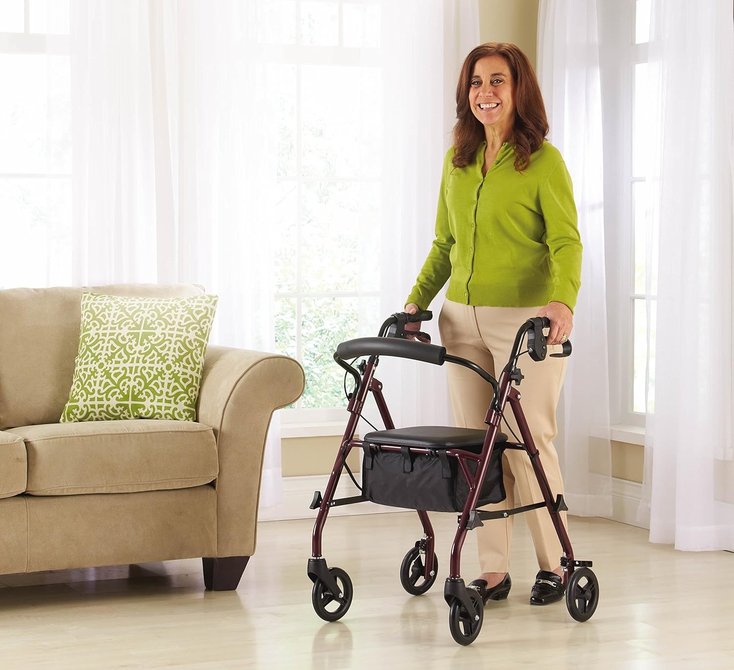 Medline Steel Rollator Walker with Seat, Burgundy, 350 lb. Weight Capacity, 6??