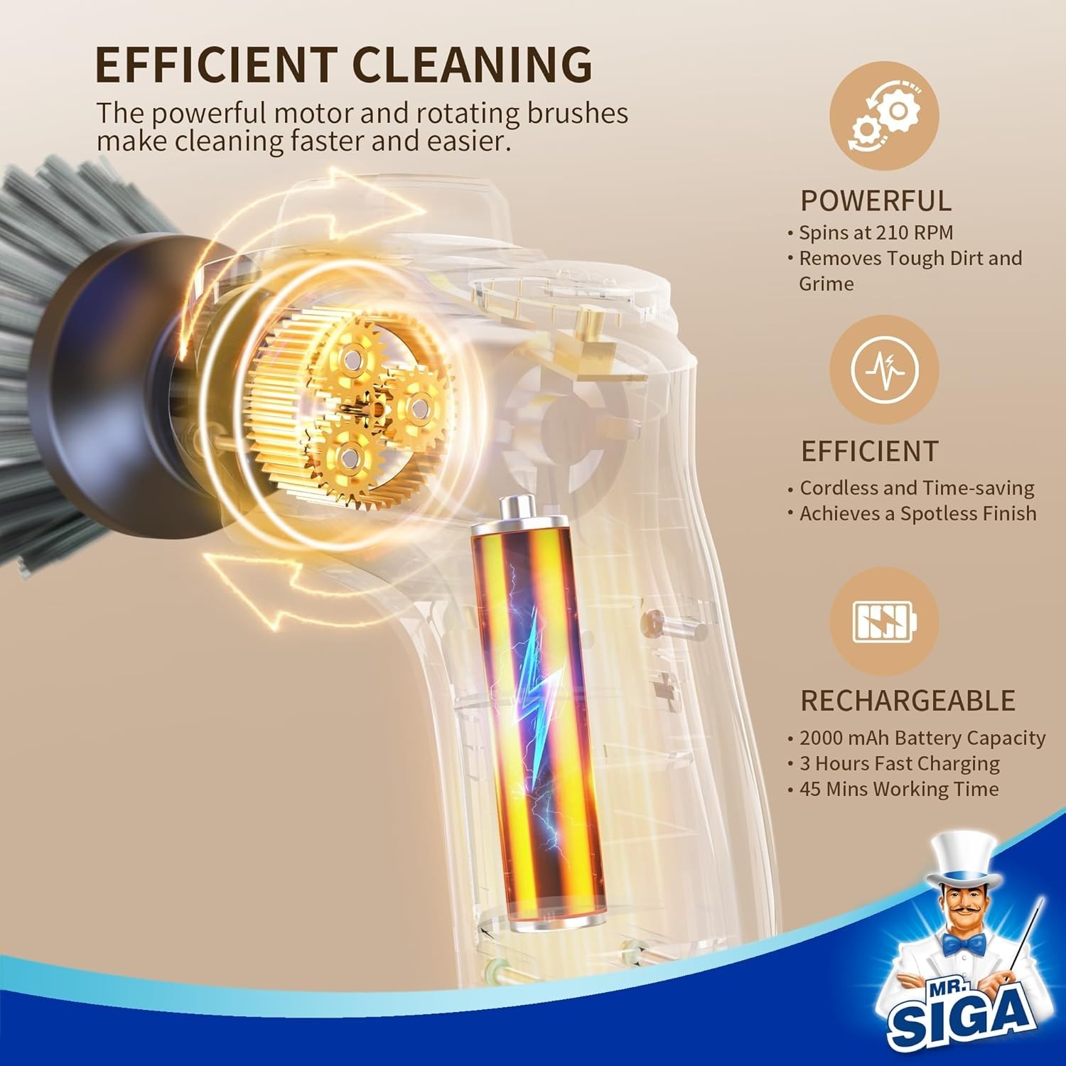 MR.SIGA Electric Spin Scrubber for Kitchen and Bathroom Cleaning Waterproof