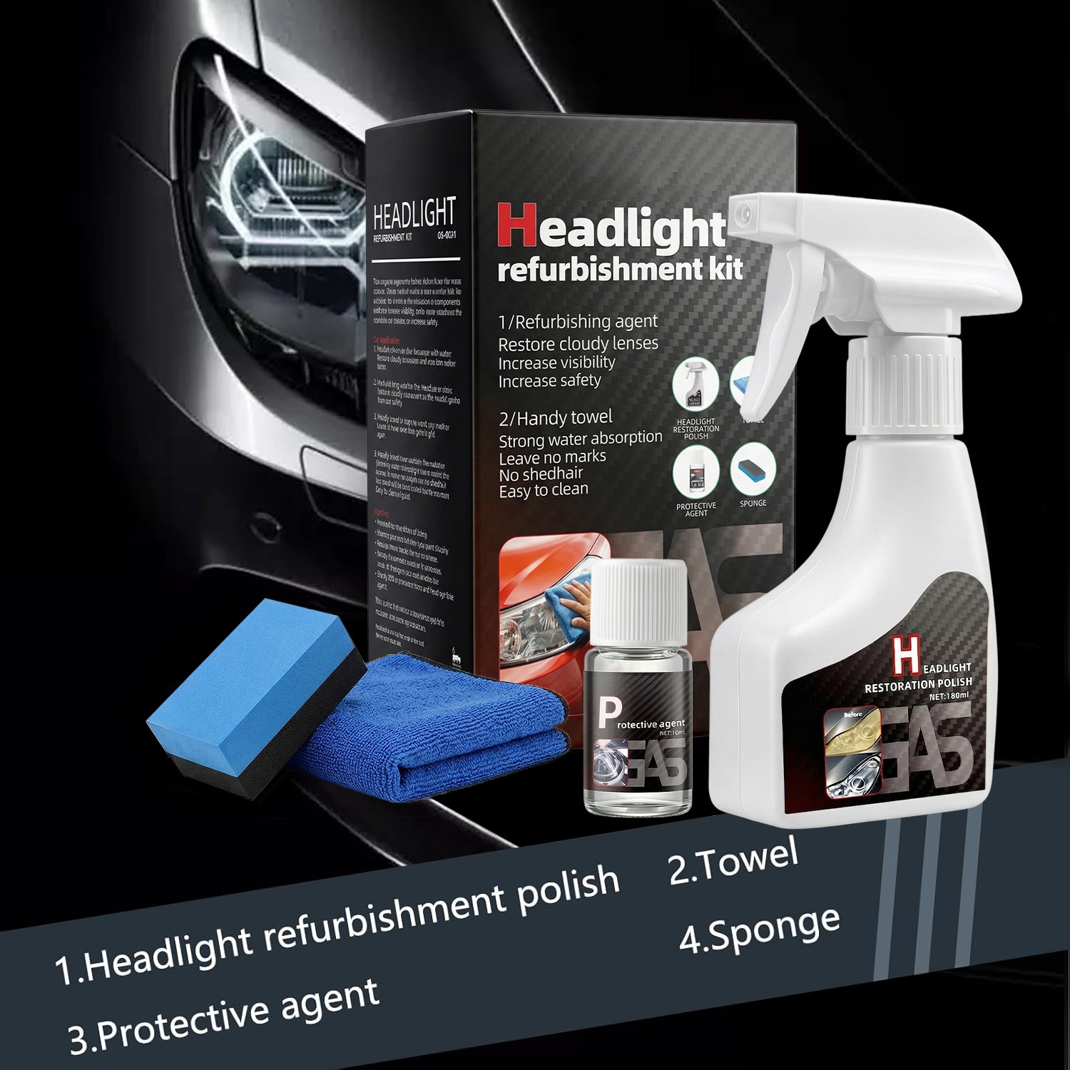 Automotive Headlamp Restoration Fluid Kit 180ml Headlight Polishing Cleaner Kit