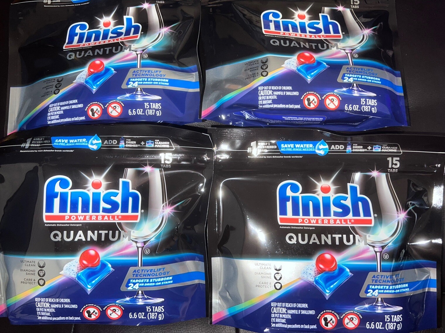 4 PK Finish Powerball Quantum Dishwasher Detergent 15 Tabs Each No Pre Rinse
