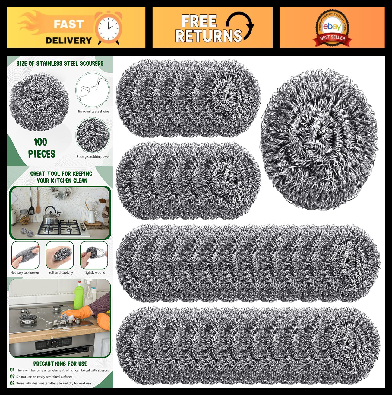 100 Pcs Heavy Duty Stainless Steel Scrubber – Metal Sponge Wire Scouring Pads fo