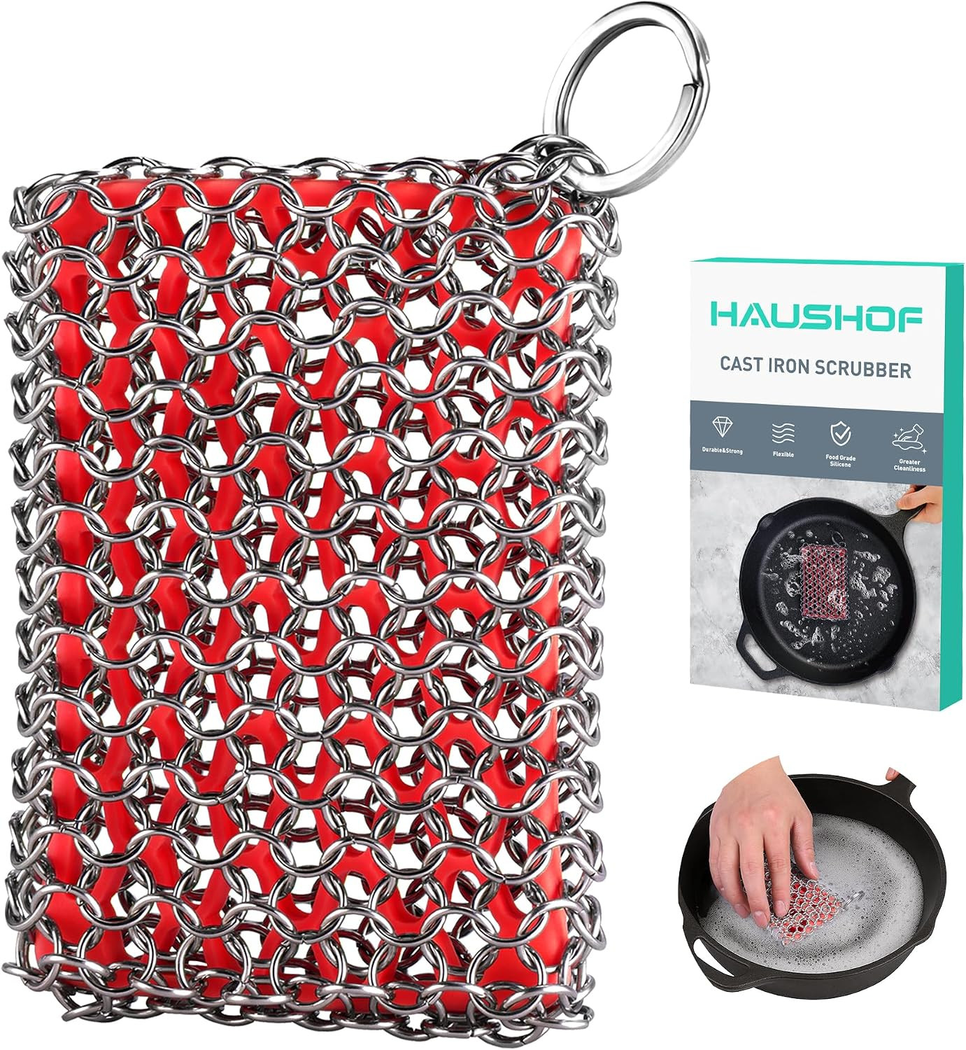 Cast Iron Chainmail Scrubber Stainless Steel Silicone Cleaner for Skillet Pan