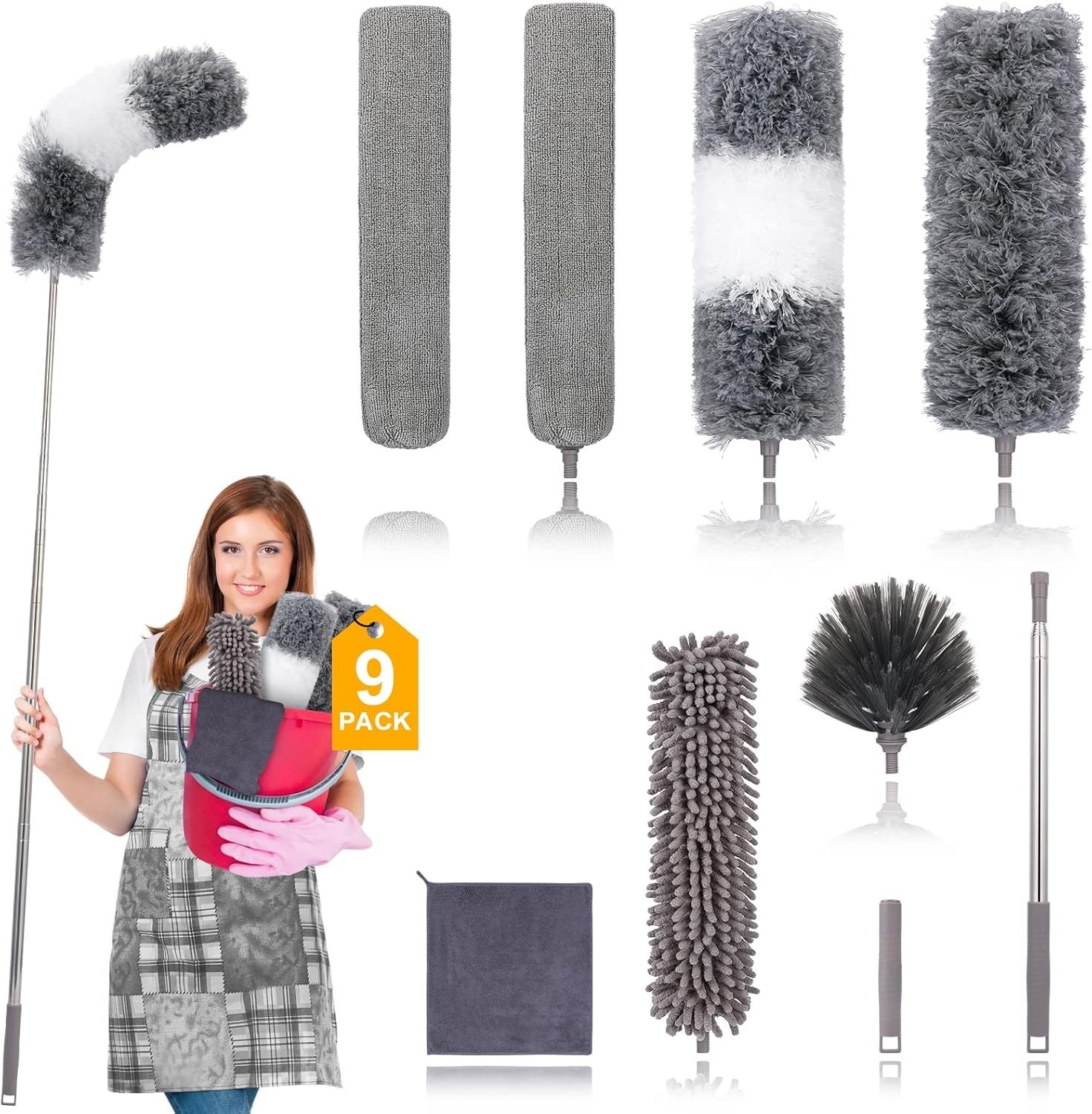 Microfiber Duster Set 9 Pcs Extendable 30-100 Inches for Fans Ceilings