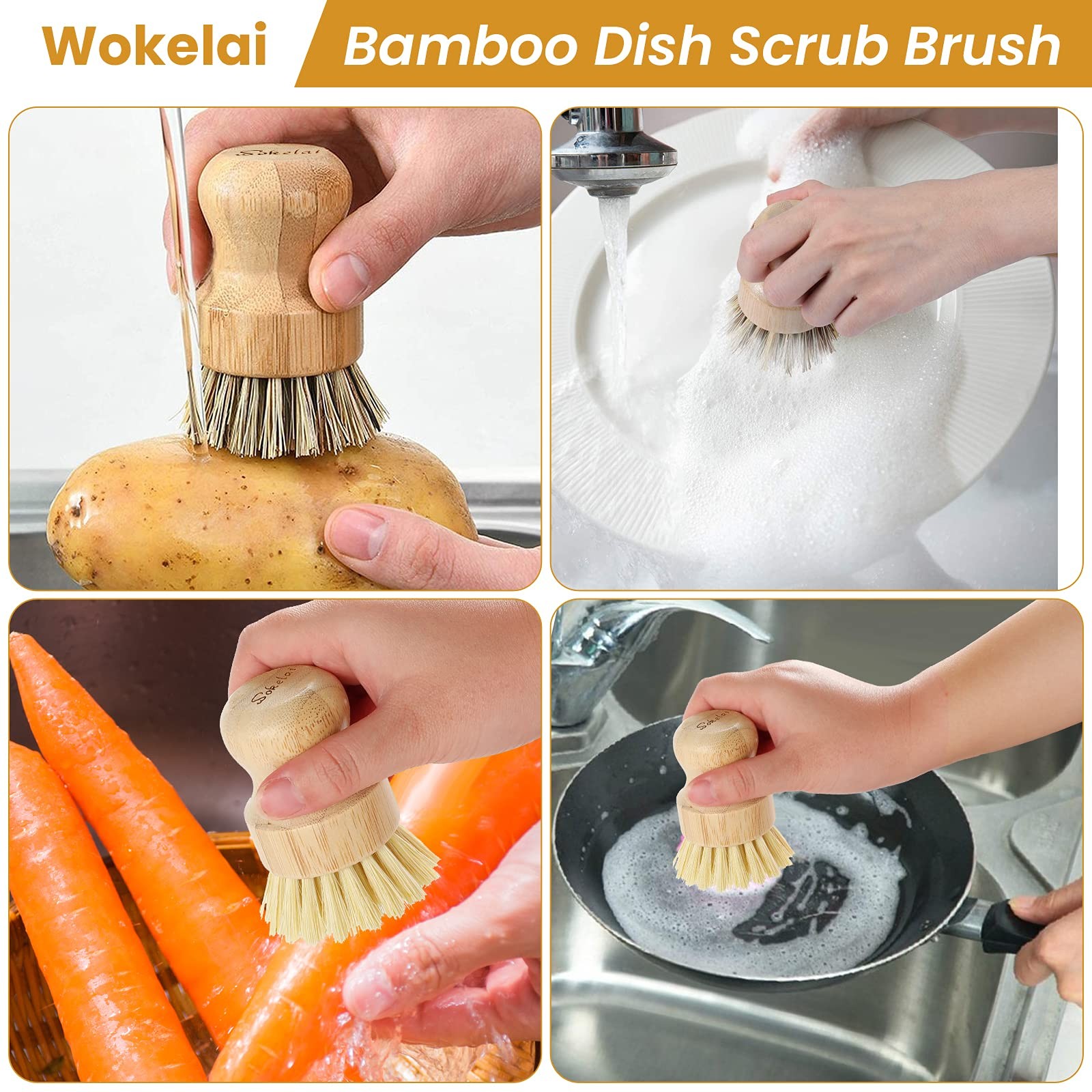 Bamboo Dish Scrub Brushes Set for Kitchen – Wooden Cleaning Scrubbers Brushes E